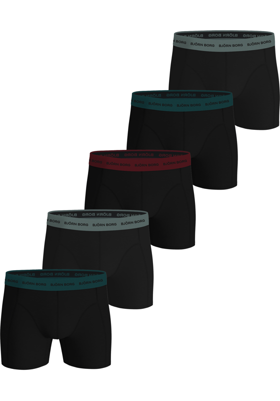 Bjorn Borg Cotton Stretch boxers, heren boxers normale lengte (5-pack), zwart met gekleurde tailleband Bjorn Borg Cotton Stretch boxers, heren boxers normale lengte (5-pack), zwart met gekleurde tailleband