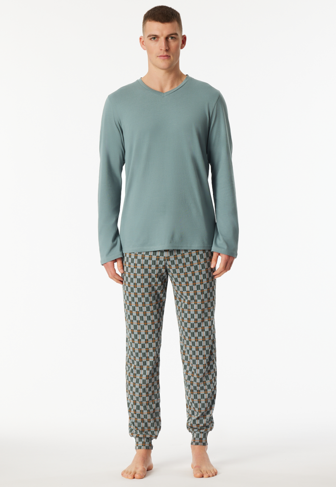 SCHIESSER Cotton Essentials Pyjama lang, heren pyjama set, mineraalgroen dessin