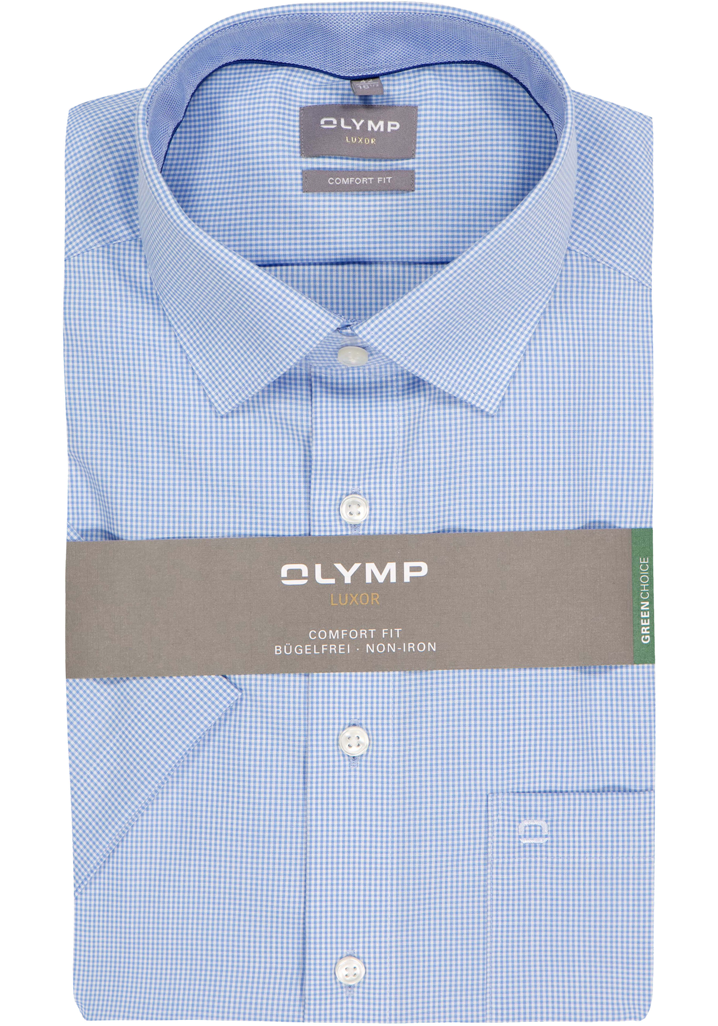 OLYMP Luxor comfort fit overhemd, korte mouw, lichtblauw met wit geruit (contrast)