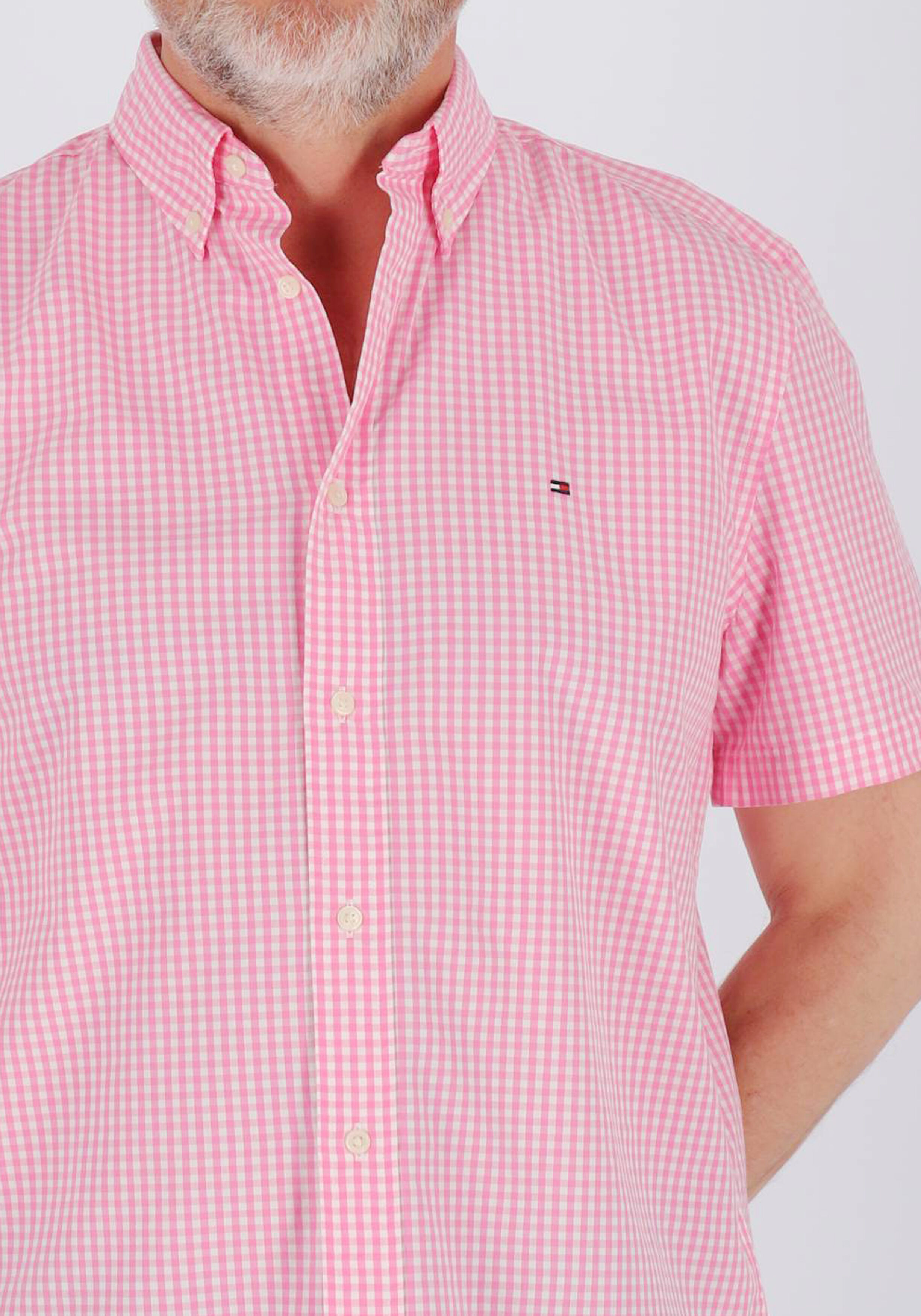 Tommy Hilfiger Flex Poplin Regular Fit Shirt, korte mouw, popeline, roze met wit geruit