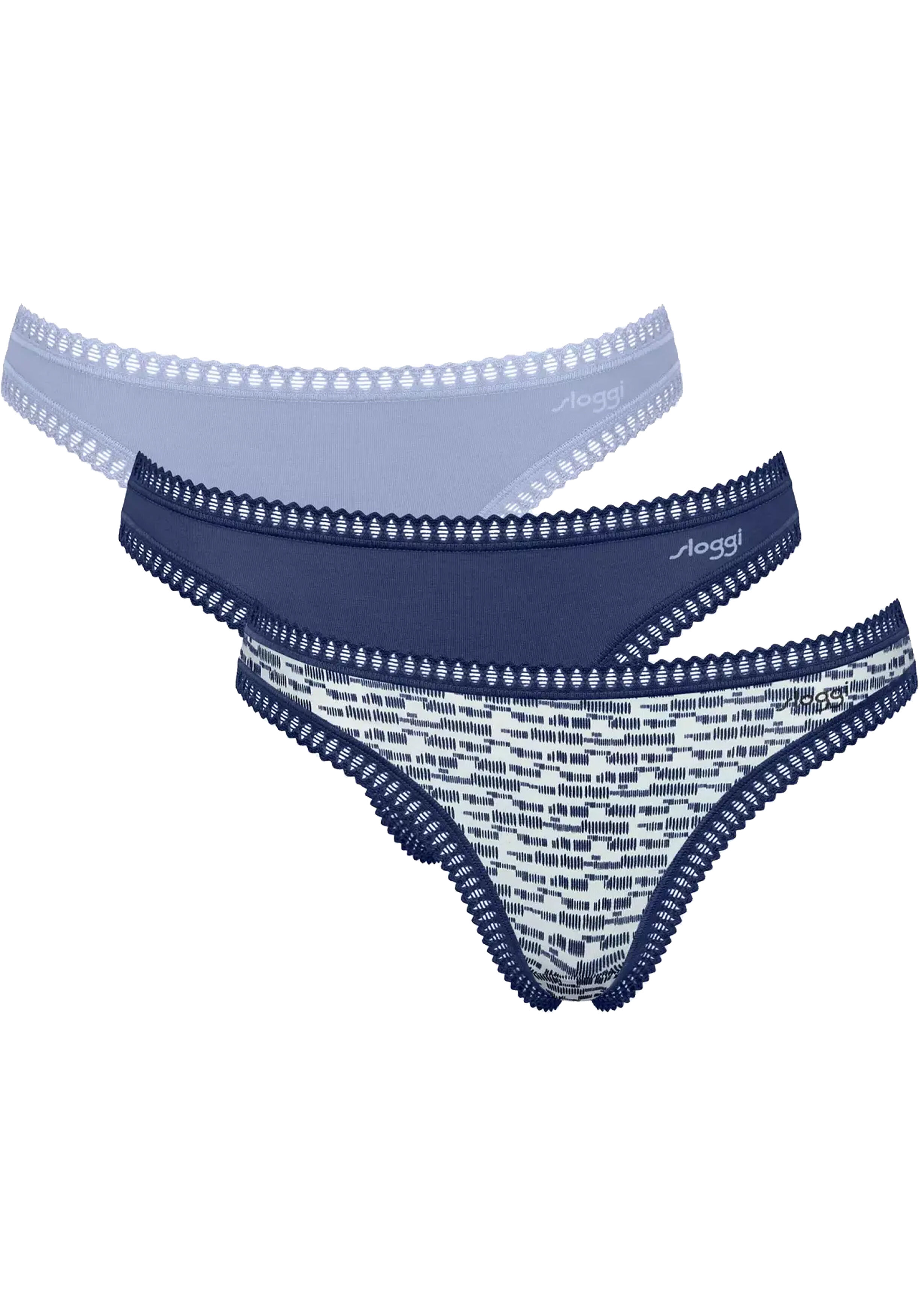 Sloggi Women GO Crush String (3-pack), dames string, lichtblauw, donkerblauw, print