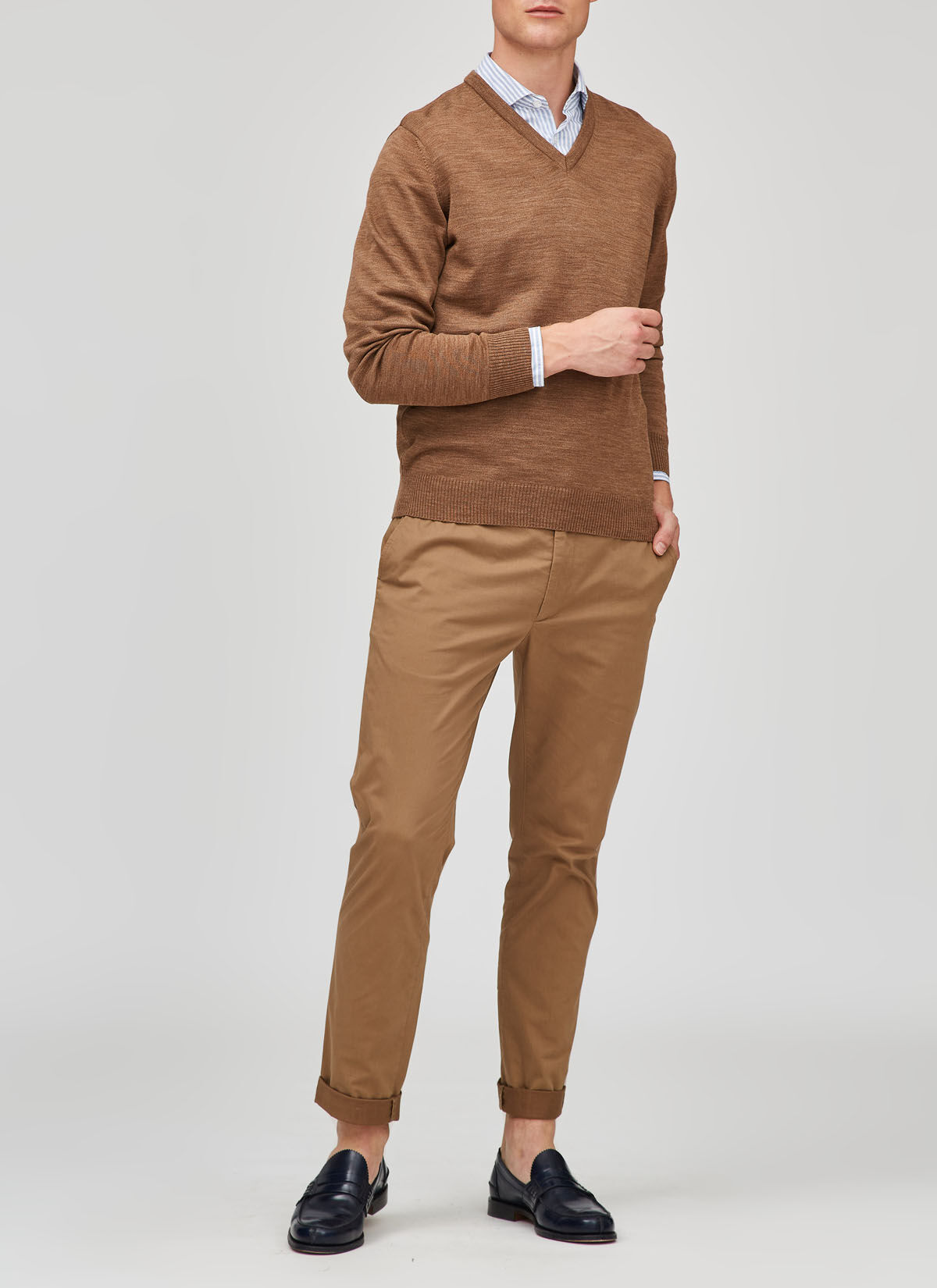 MAERZ Classic Fit heren trui met V-hals wol, bruin