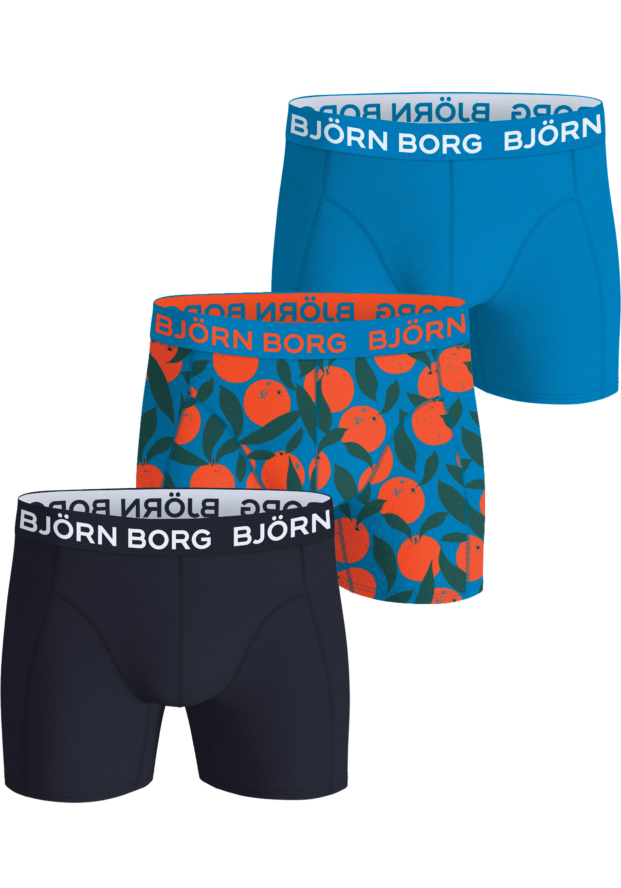 Bjorn Borg Cotton Stretch boxers, heren boxers normale lengte (3-pack), donkerblauw, sinaasappelprint en kobaltblauw