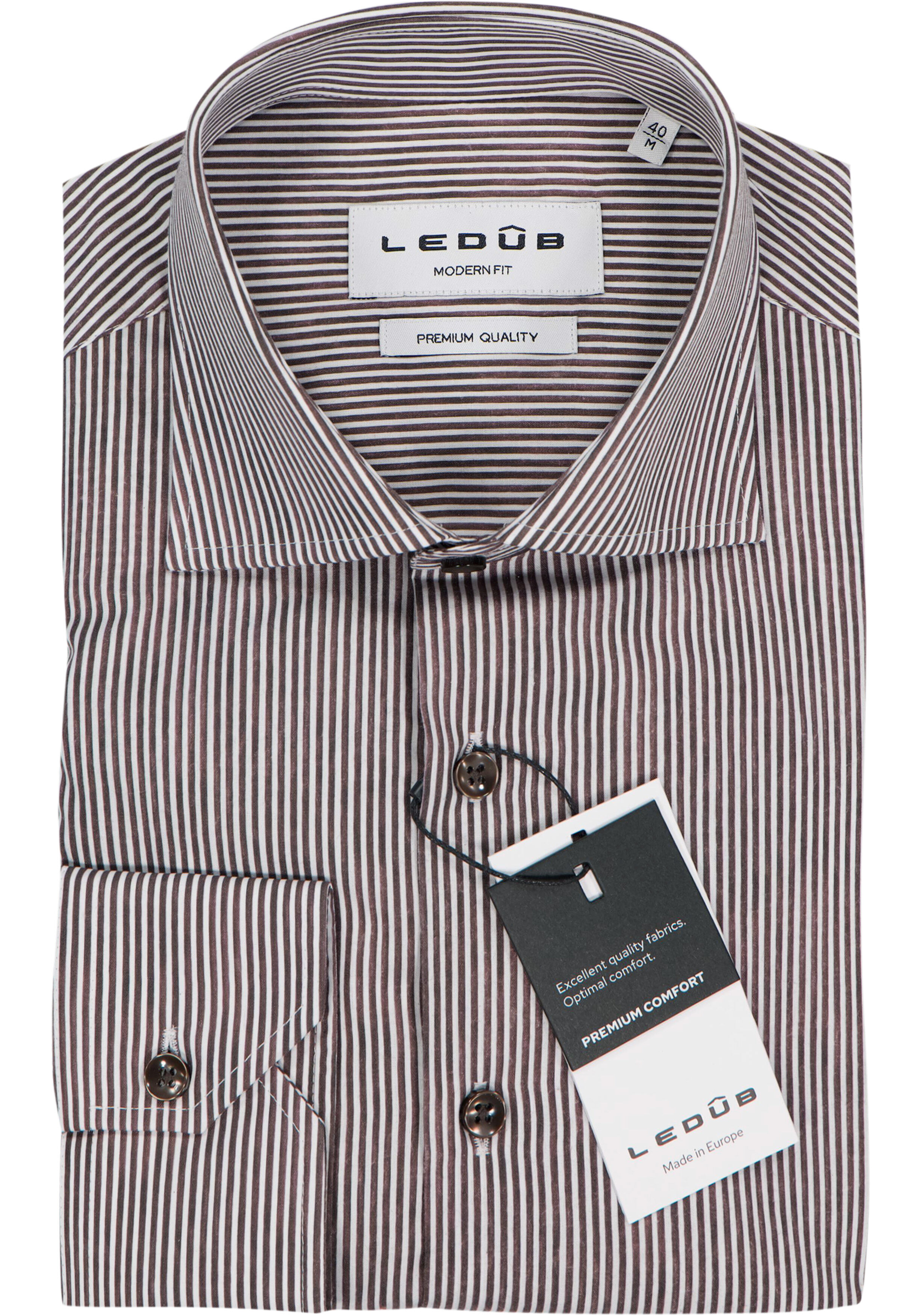 Ledub modern fit overhemd, popeline, donkerbruin gestreept