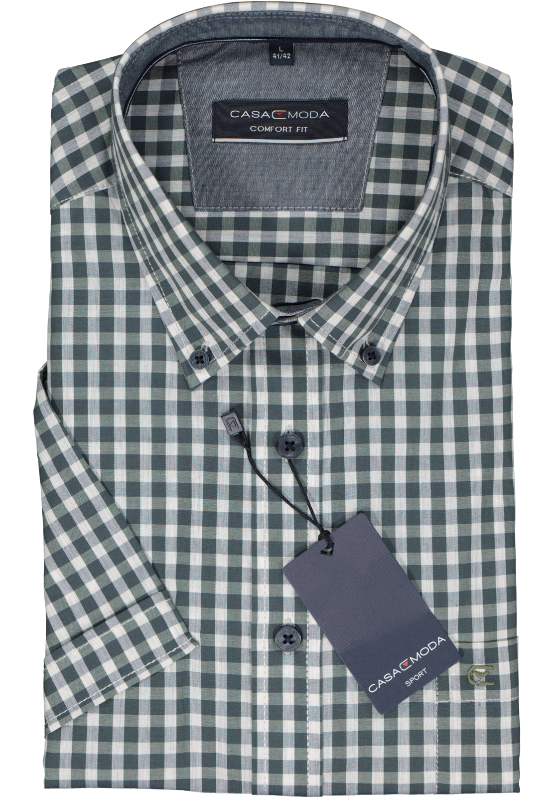 2-4064813862817_casa-moda-overhemd_HR CASA MODA Sport comfort fit overhemd, korte mouw, popeline, wit met groen geruit