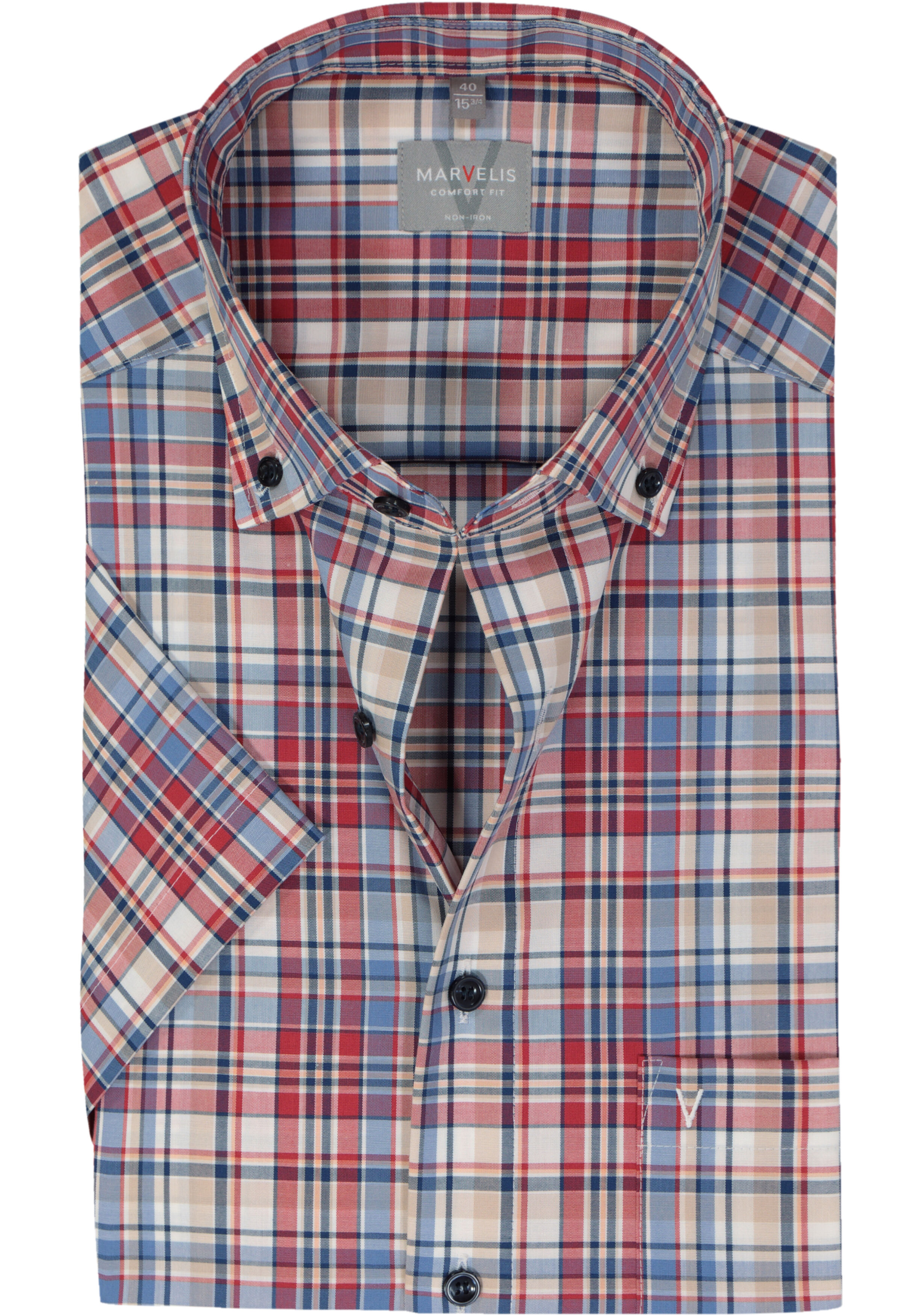 MARVELIS comfort fit overhemd, korte mouw, popeline, rood geruit
