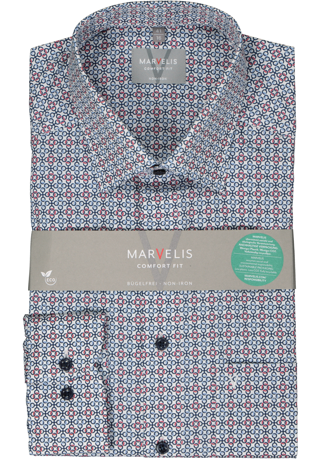 2-4062534748090_marvelis-overhemd_HR MARVELIS comfort fit overhemd, popeline, wit met rood en blauw dessin