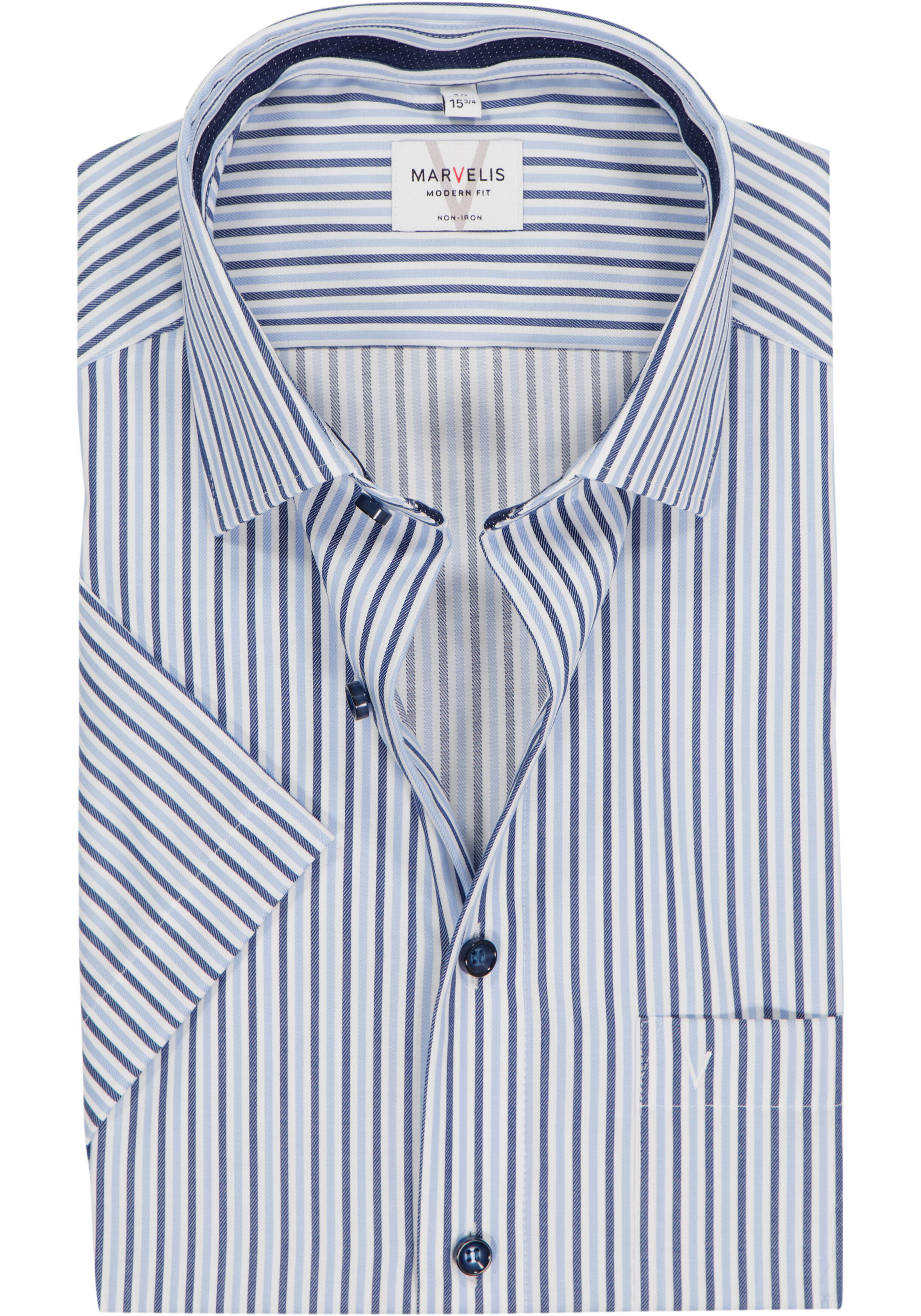MARVELIS modern fit overhemd, korte mouw, twill, wit met licht- en donkerblauw gestreept