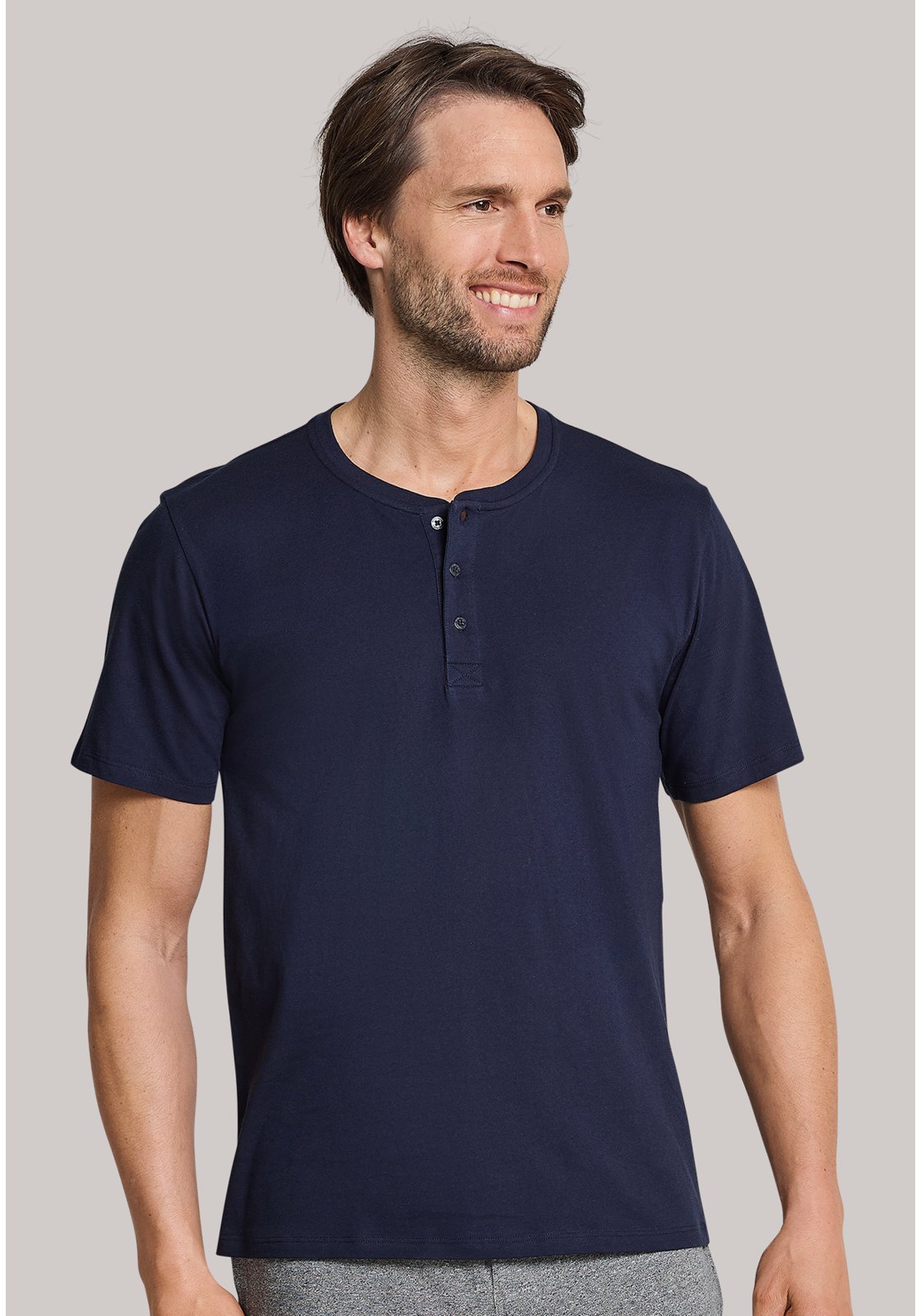heren-t-shirt-163831-803 SCHIESSER Mix+Relax T-shirt, korte mouw, O-hals met knoopsluiting, blauw