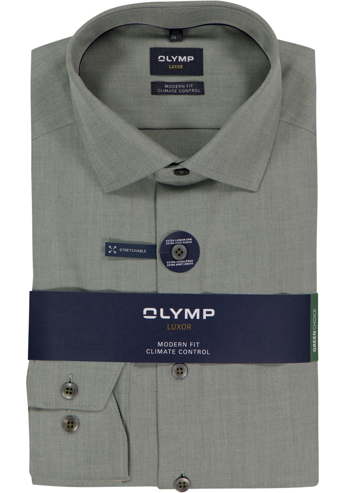 OLYMP 24/7 Luxor modern fit overhemd, mouwlengte 7, twill, groen OLYMP 24/7 Luxor modern fit overhemd, mouwlengte 7, twill, groen