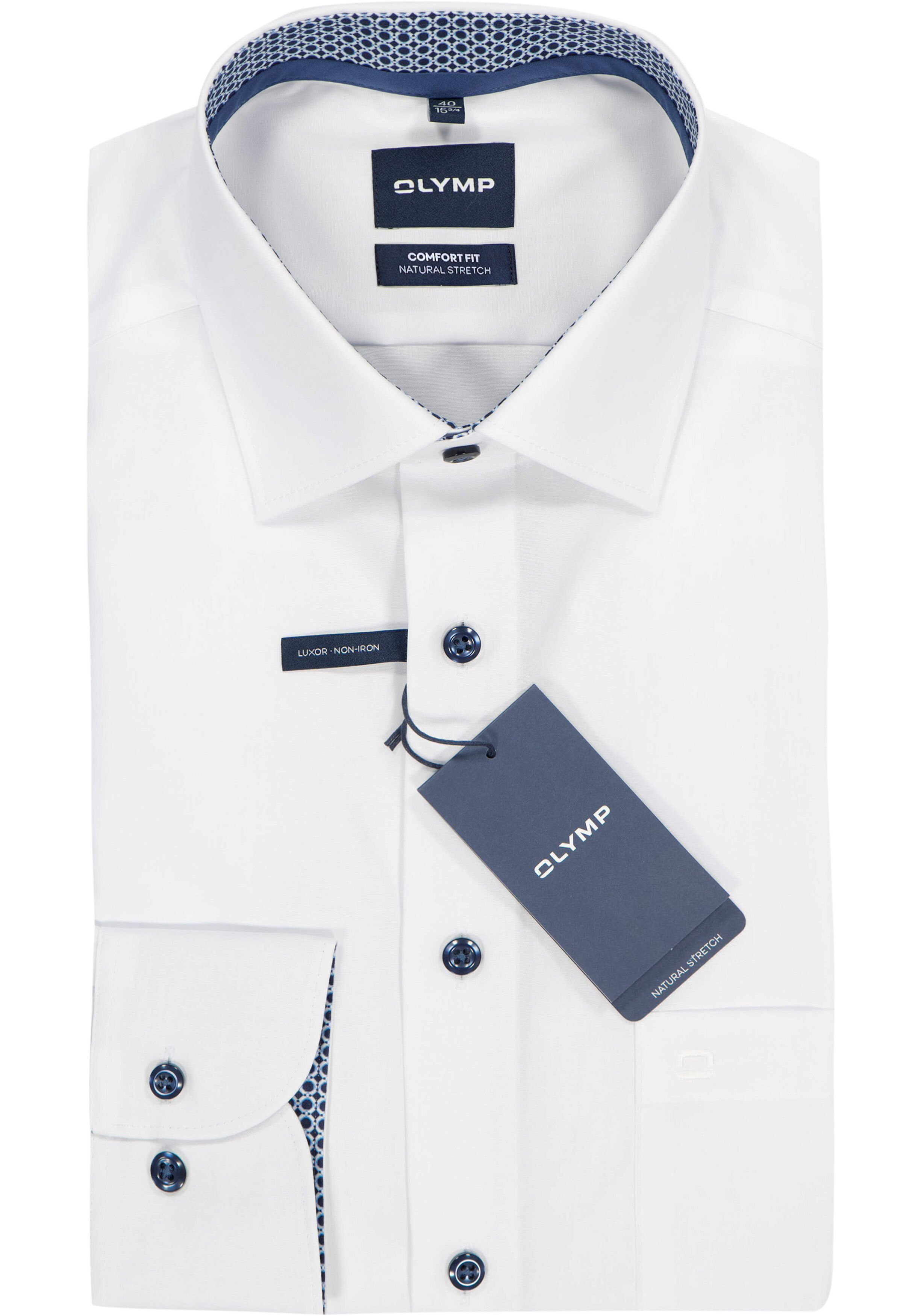 OLYMP Luxor comfort fit overhemd, popeline, wit met blauw contrast