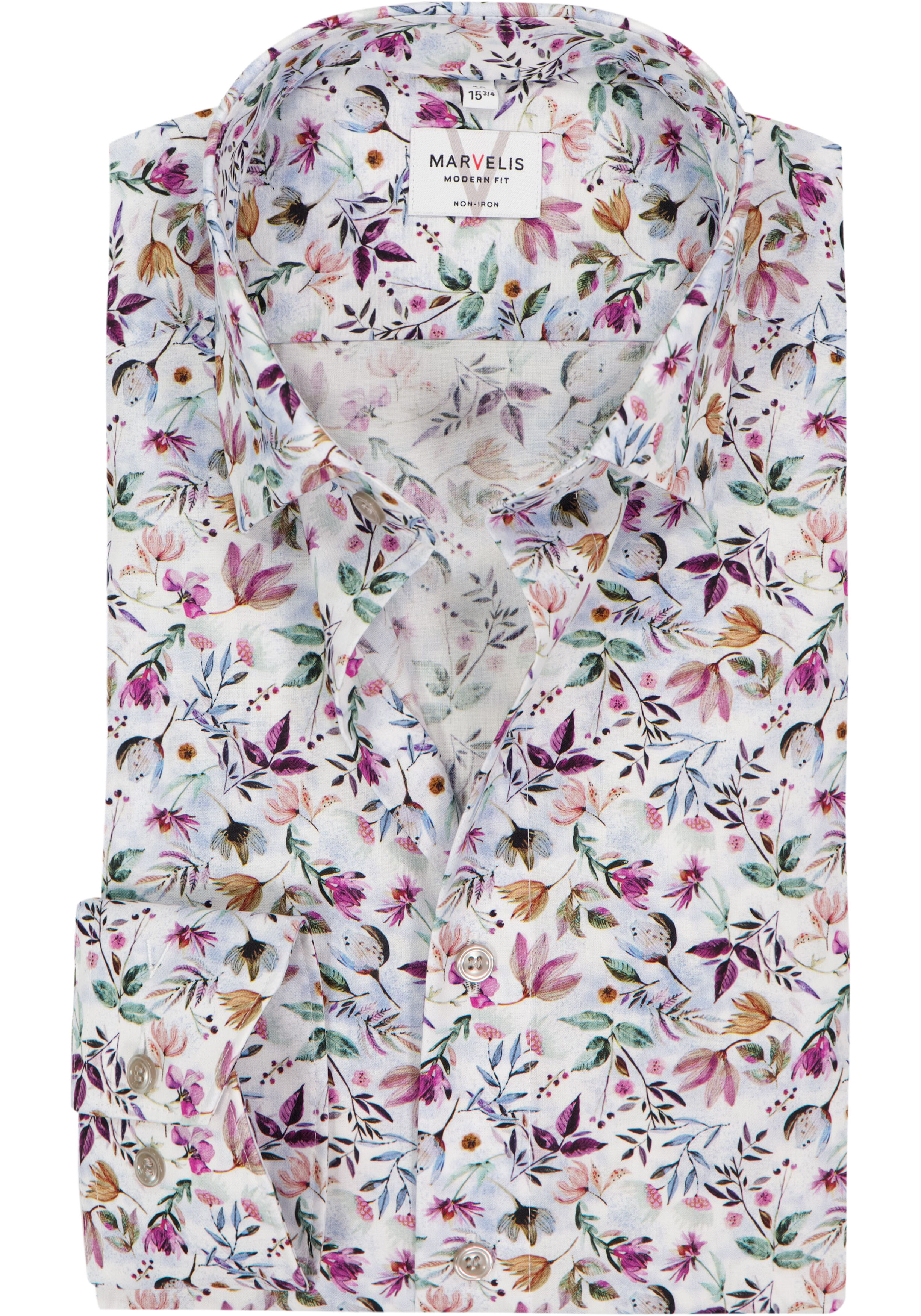 MARVELIS modern fit overhemd, mouwlengte 7, popeline, wit met roze, groen en blauw bloemen dessin