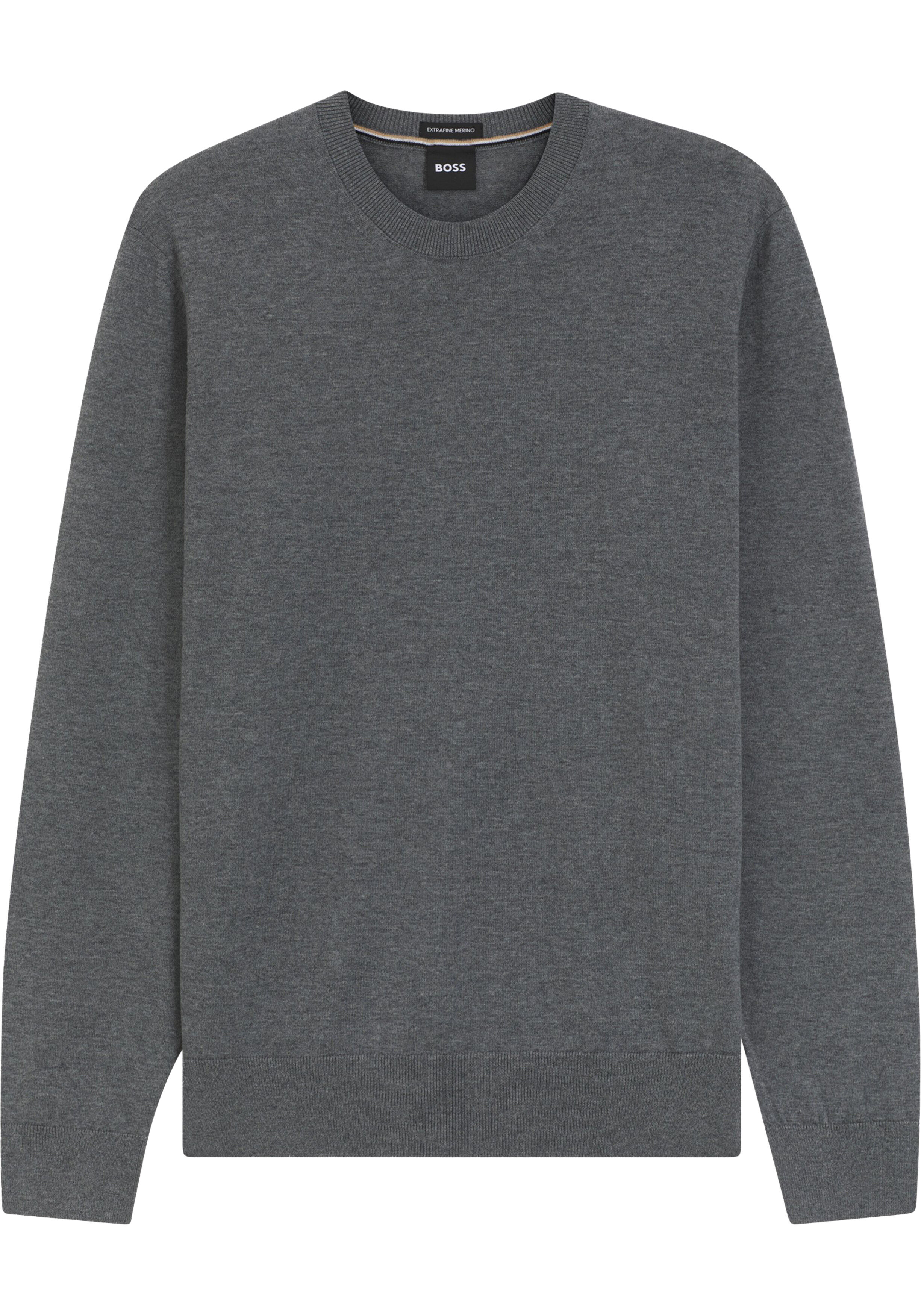 BOSS Leno slim fit trui wol, heren pullover middeldik O-hals, middengrijs