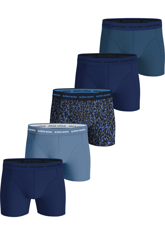 Bjorn Borg Cotton Stretch boxers, heren boxers normale lengte (5-pack), 3 tinten blauw en luipaard print Bjorn Borg Cotton Stretch boxers, heren boxers normale lengte (5-pack), 3 tinten blauw en luipaard print