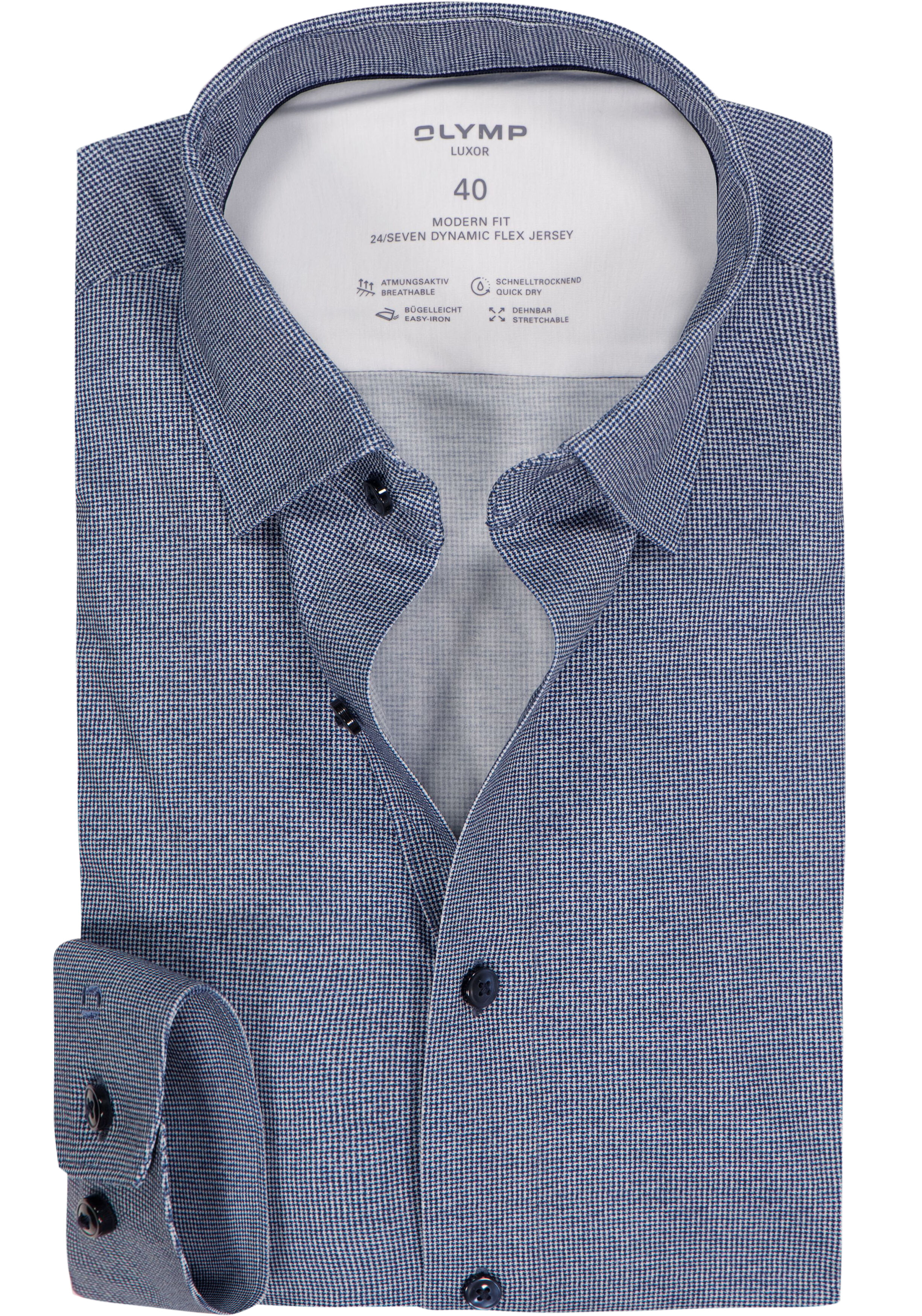 OLYMP 24/7 Luxor modern fit overhemd, tricot, marine blauw dessin