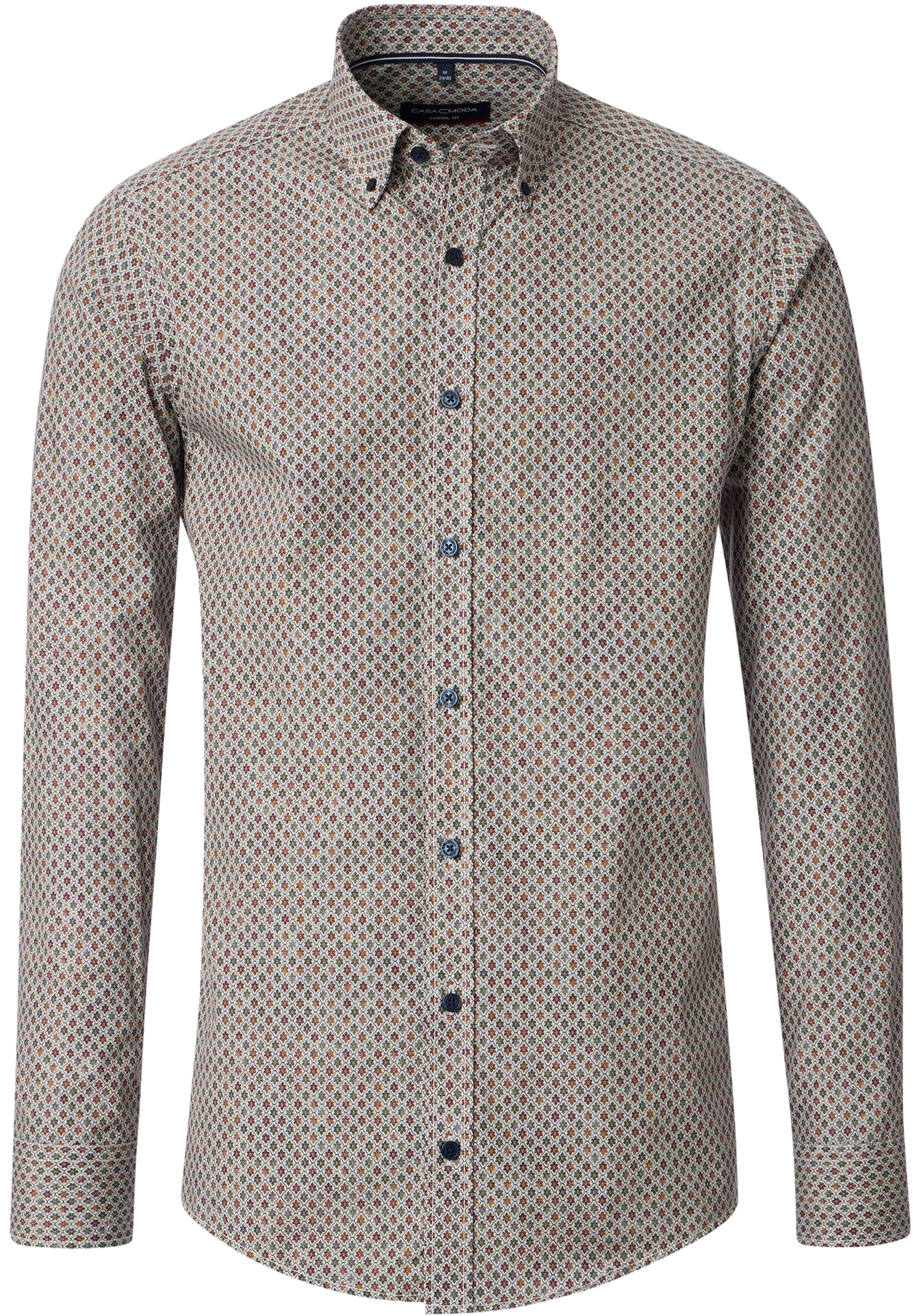 CASA MODA Sport casual fit overhemd, popeline, groen met wit en bruin dessin