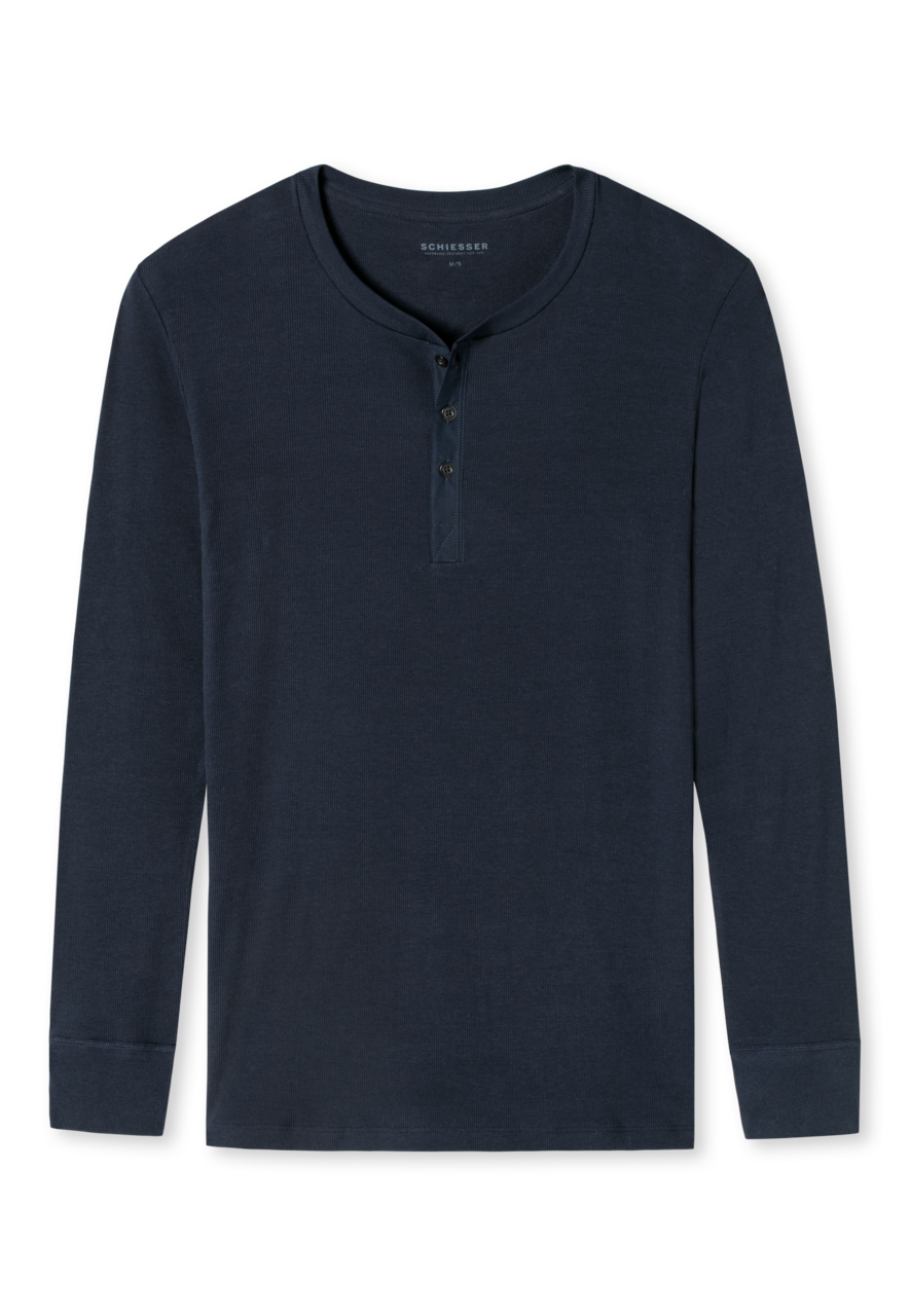 SCHIESSER Retro Rib T-shirt (1-pack), heren shirt lange mouwen dubbele rib biologisch katoen knoopsluiting donkerblauw