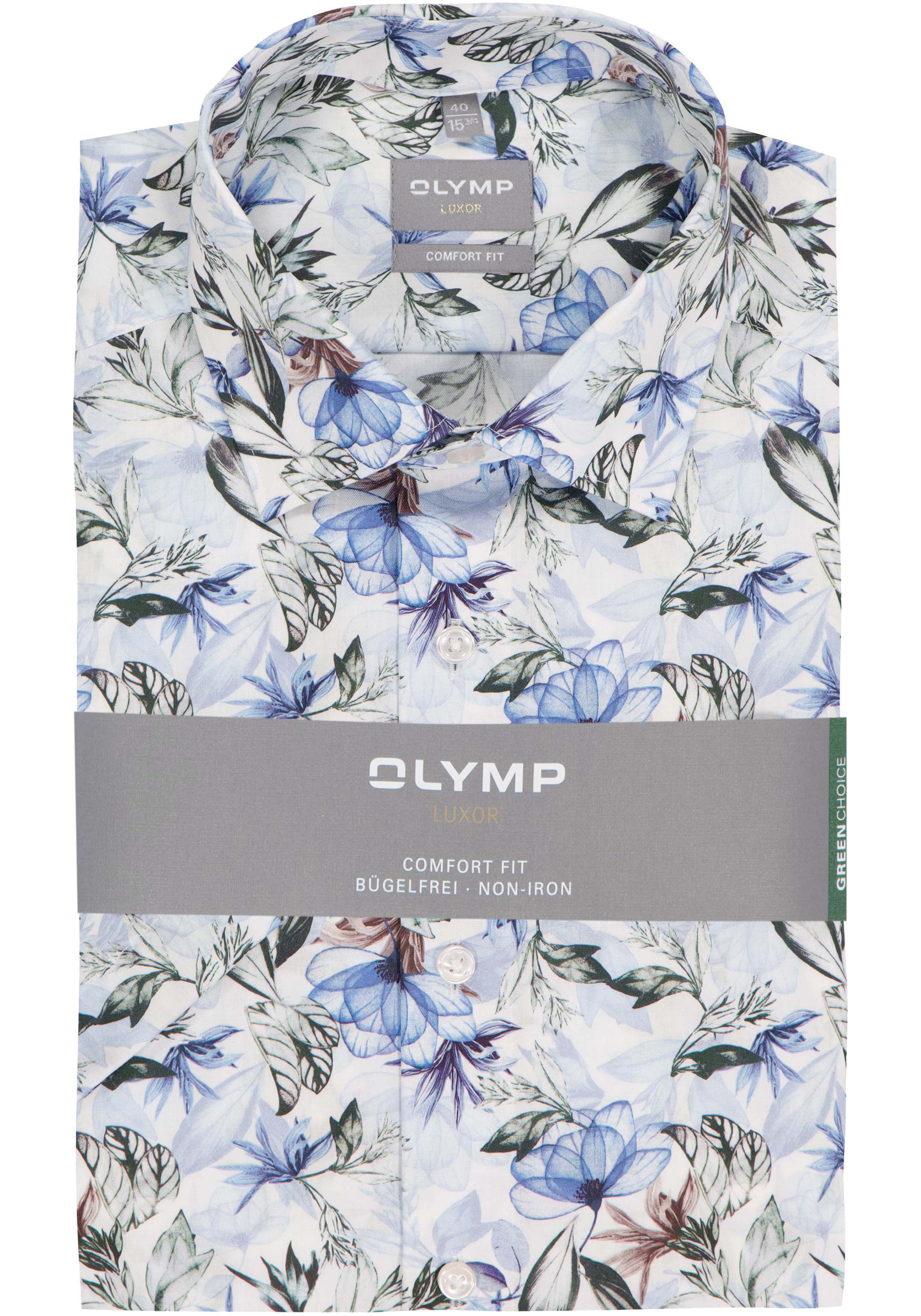 OLYMP Luxor comfort fit overhemd, korte mouw, dobby, wit met blauw en groen bloemen dessin