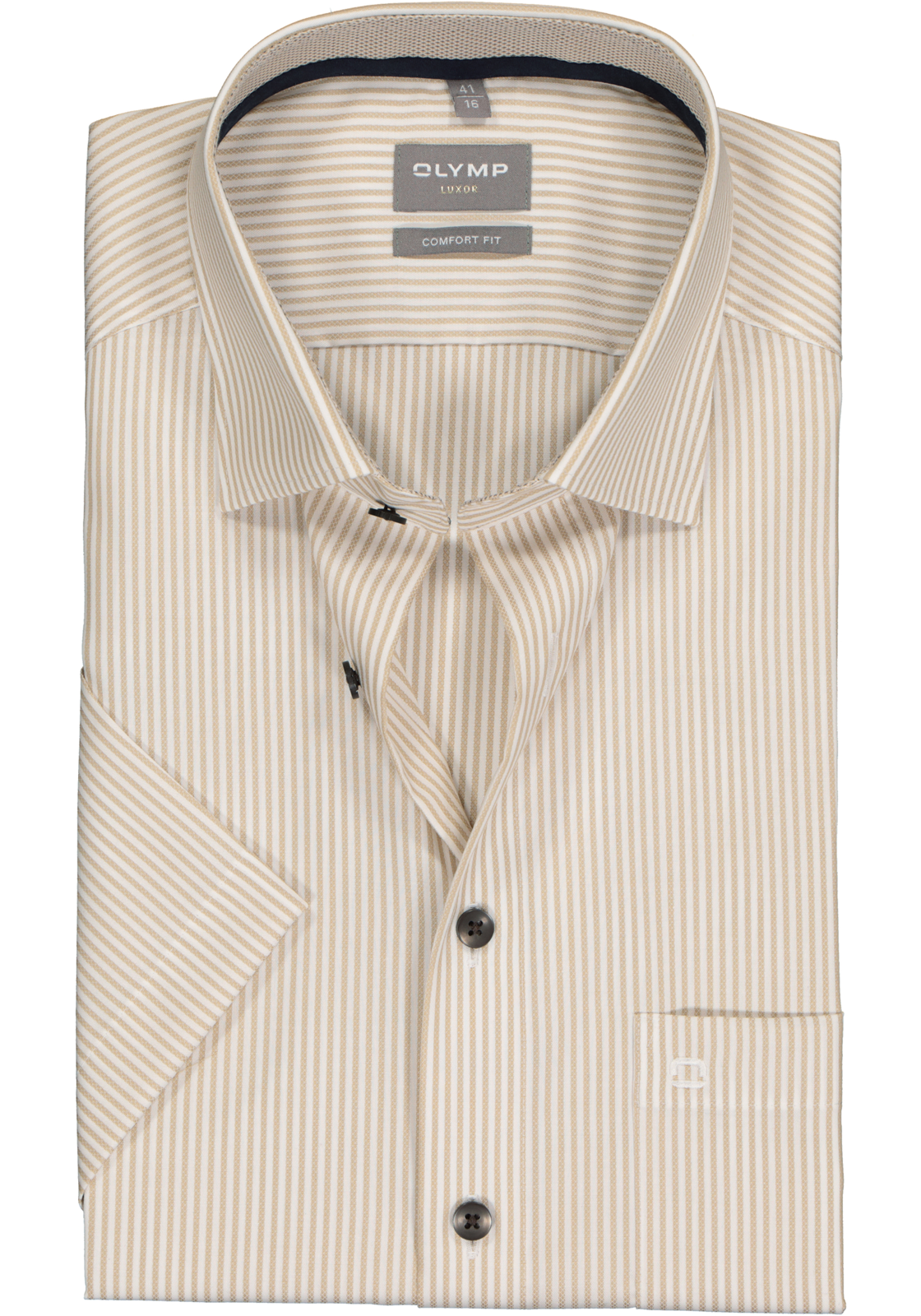 1-4066425330487_olymp-overhemd_HR OLYMP comfort fit overhemd, korte mouw, structuur, beige met wit gestreept (contrast)