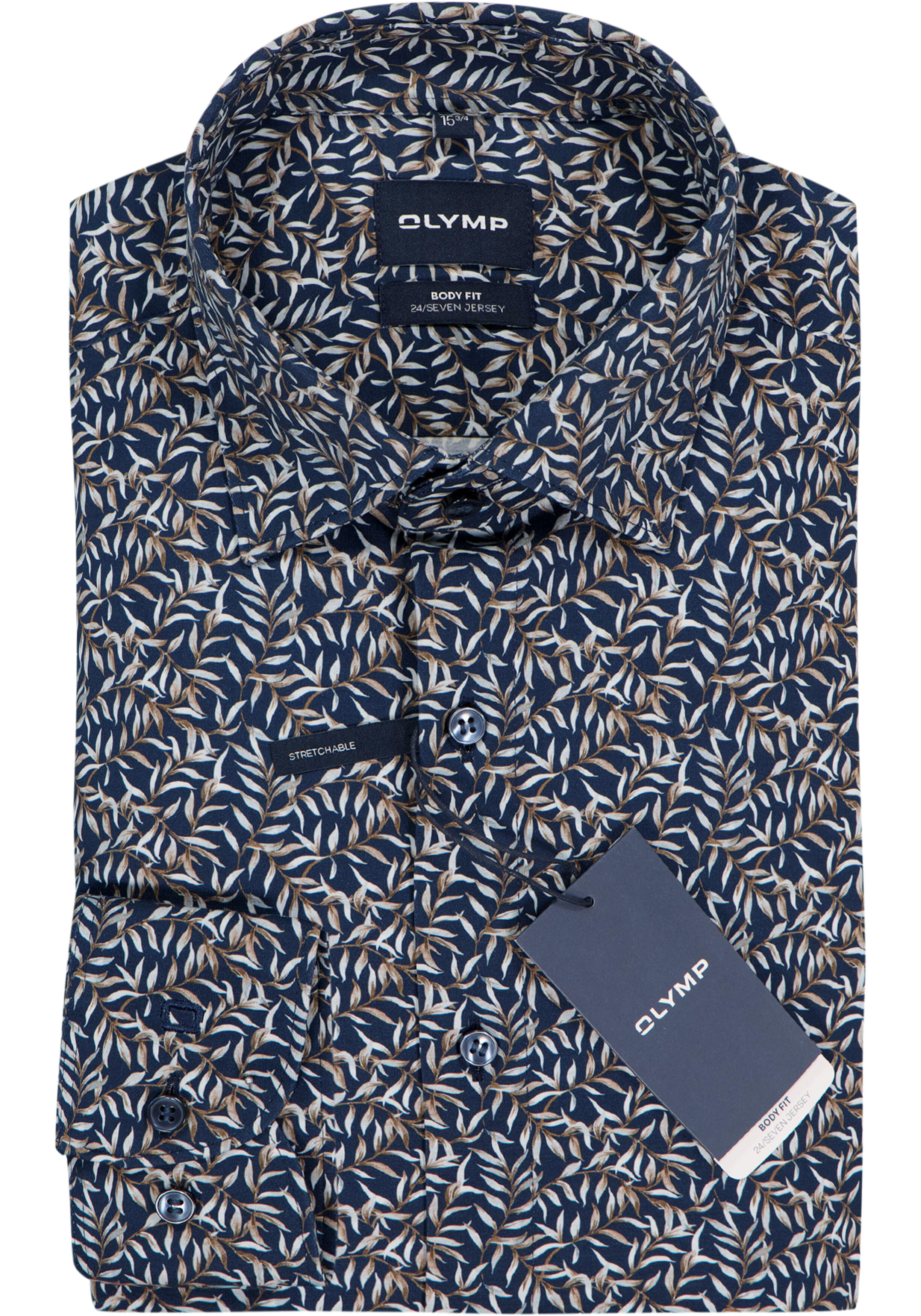 OLYMP 24/7 Level 5 body fit overhemd, tricot, donkerblauw met groen en lichtblauw dessin