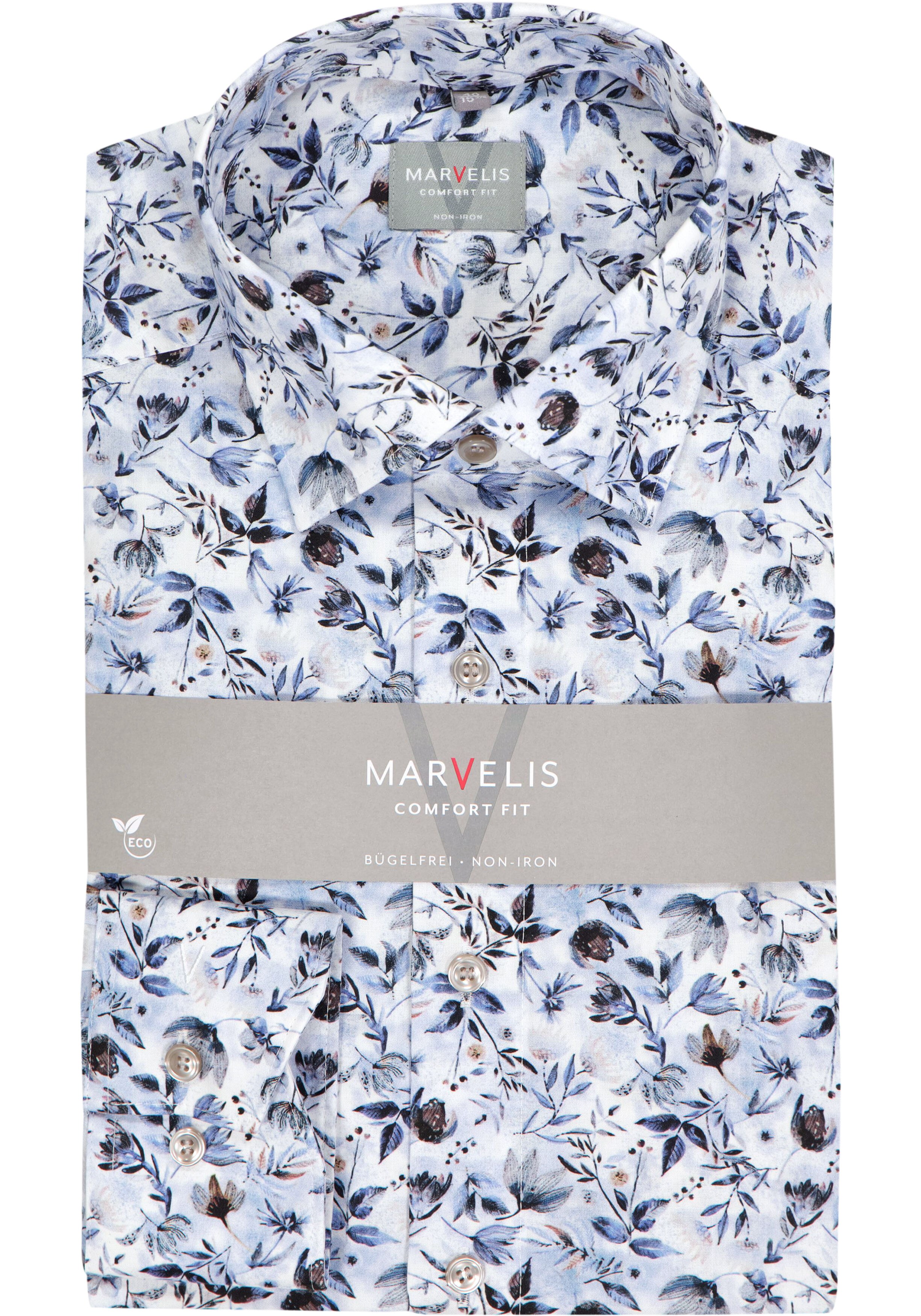 MARVELIS comfort fit overhemd, popeline, wit met blauw en bruin bloemen dessin