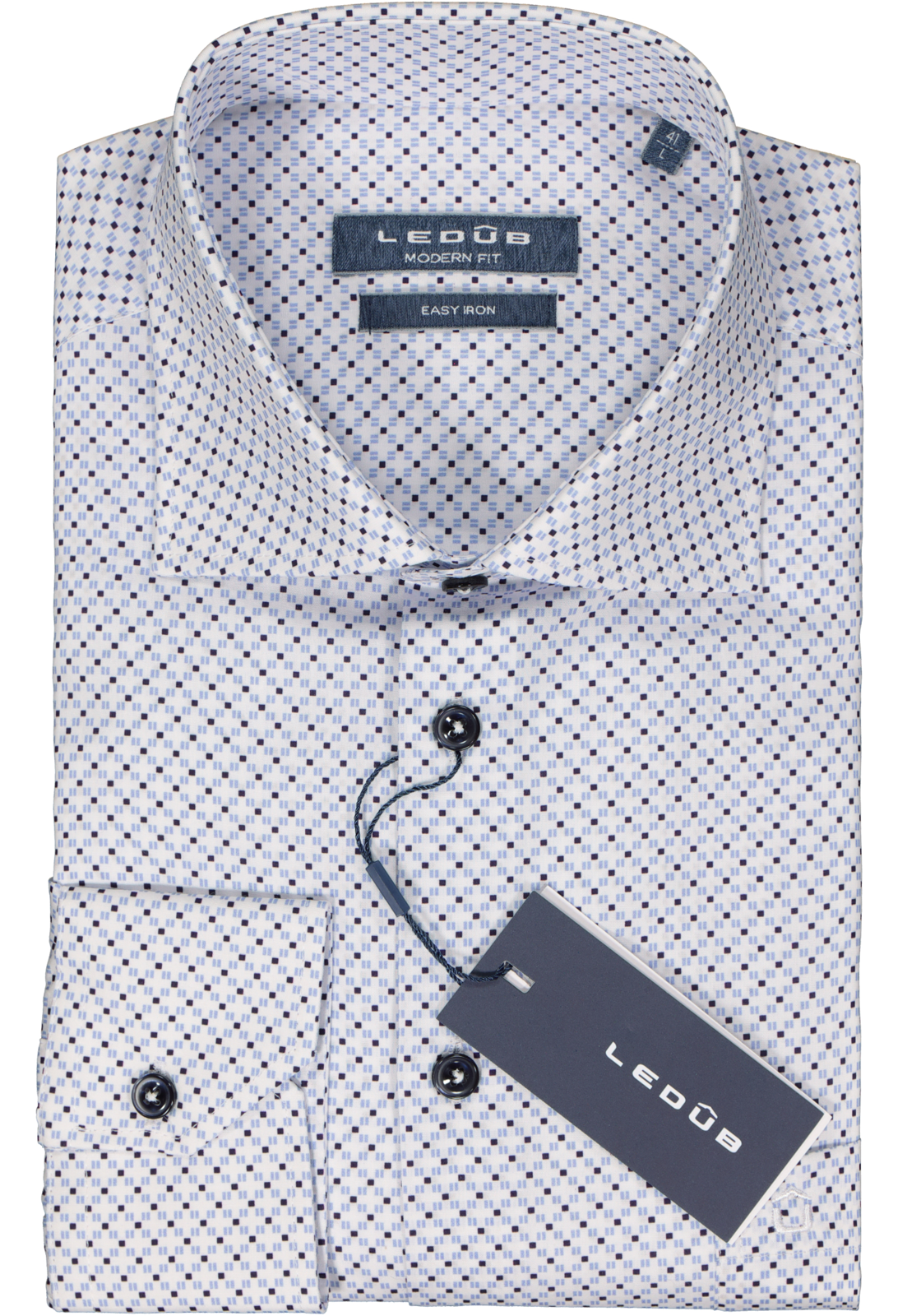 2-8717126095286_Ledub_overhemd_HR Ledub modern fit overhemd, popeline, wit met blauw dessin