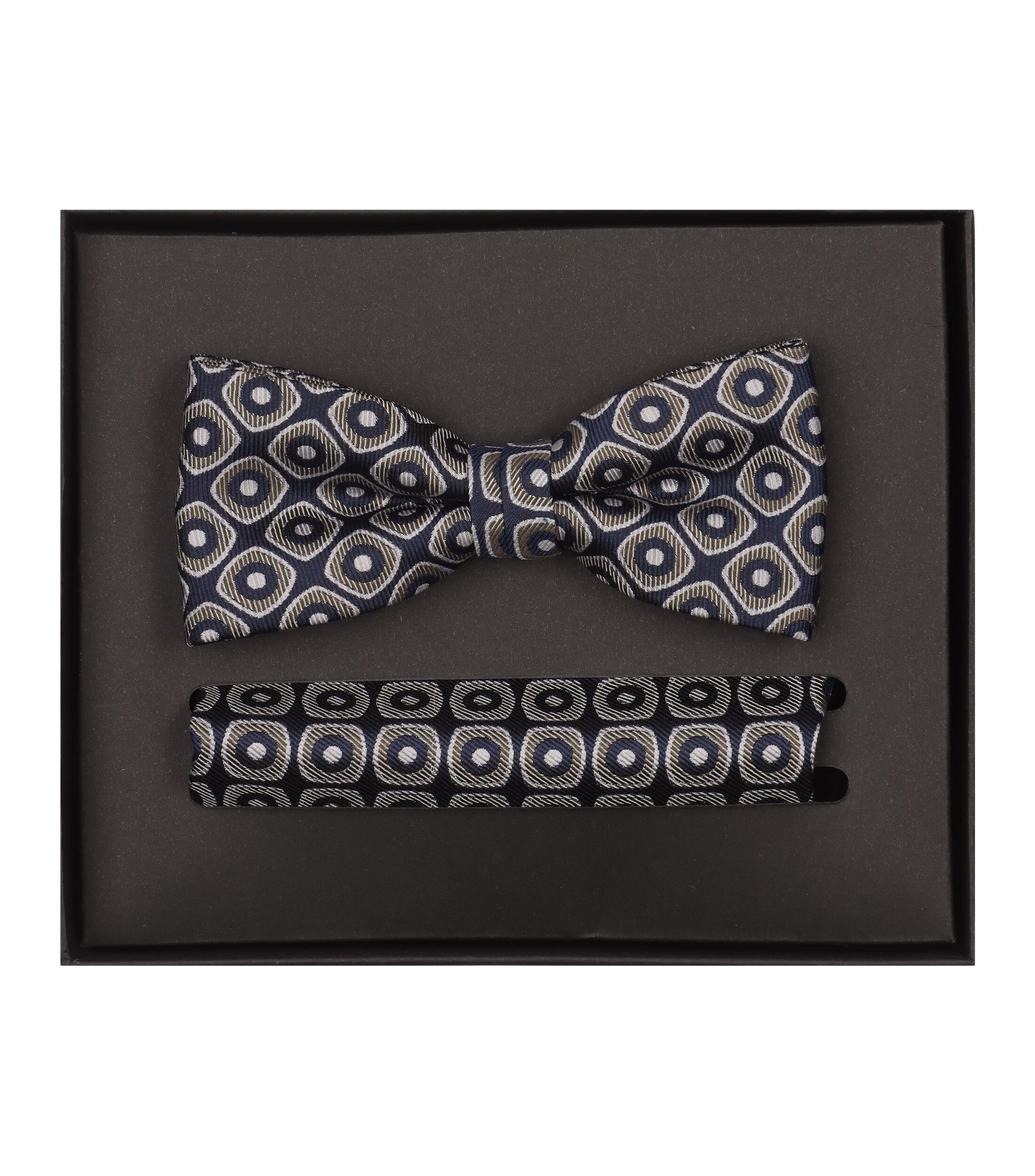 VENTI set met vlinderdas en pochet, donkerblauw, beige, wit dessin