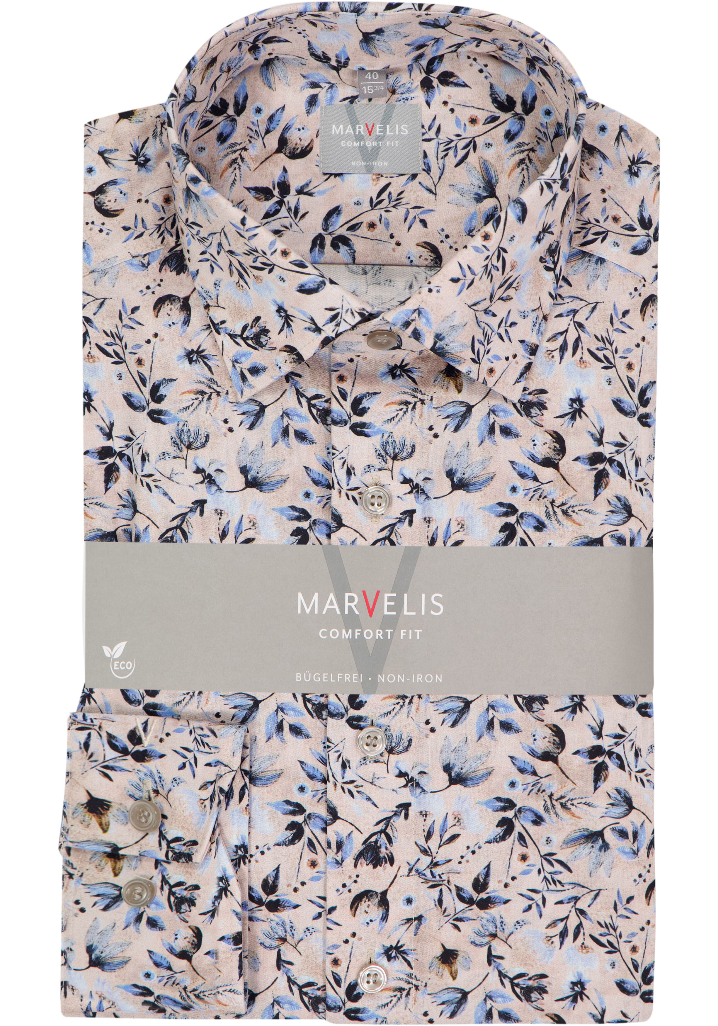 MARVELIS comfort fit overhemd, popeline, beige met blauw en bruin bloemen dessin
