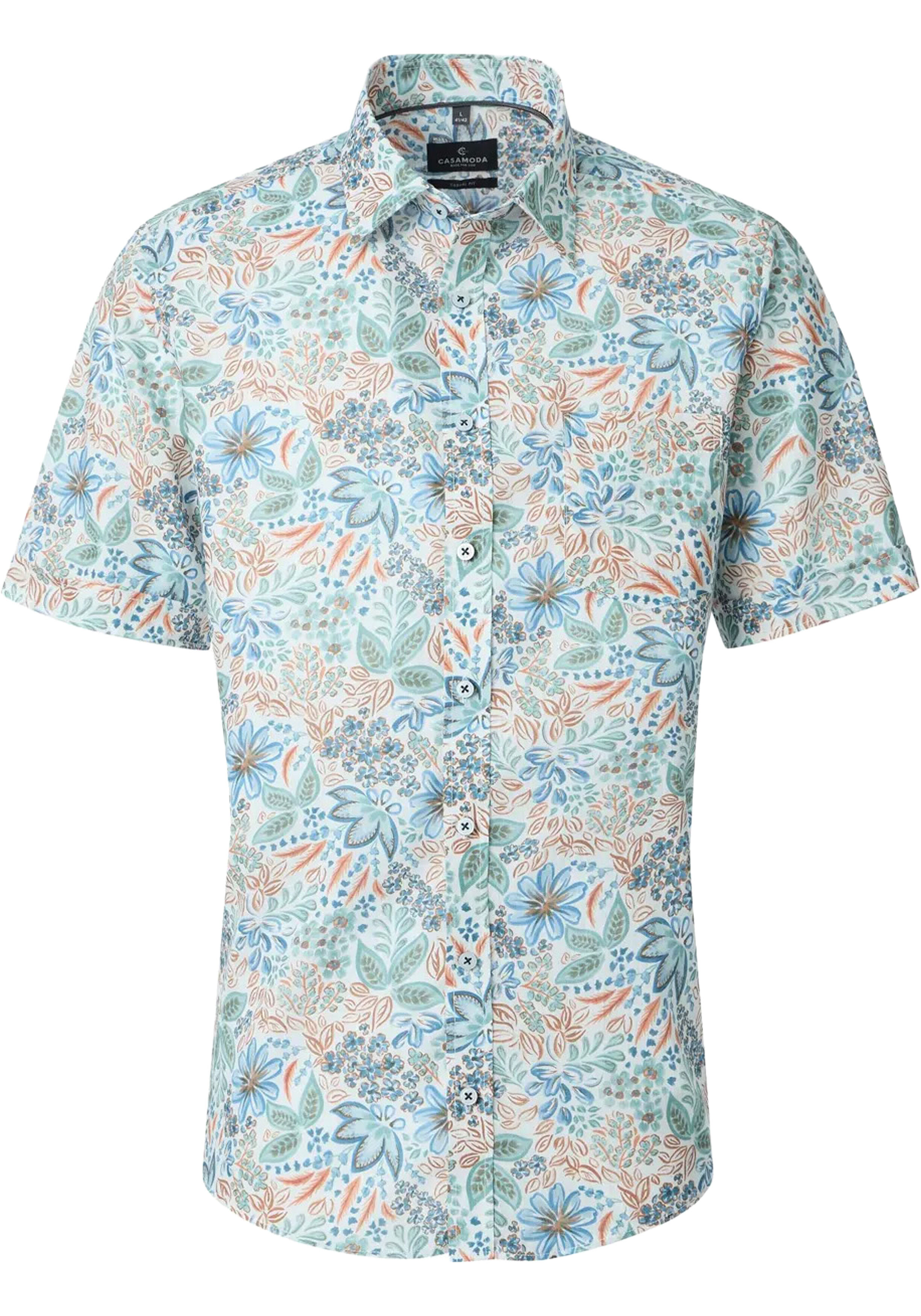 CASA MODA Sport casual fit overhemd, korte mouw, popeline, wit, blauw, groen, oranje dessin