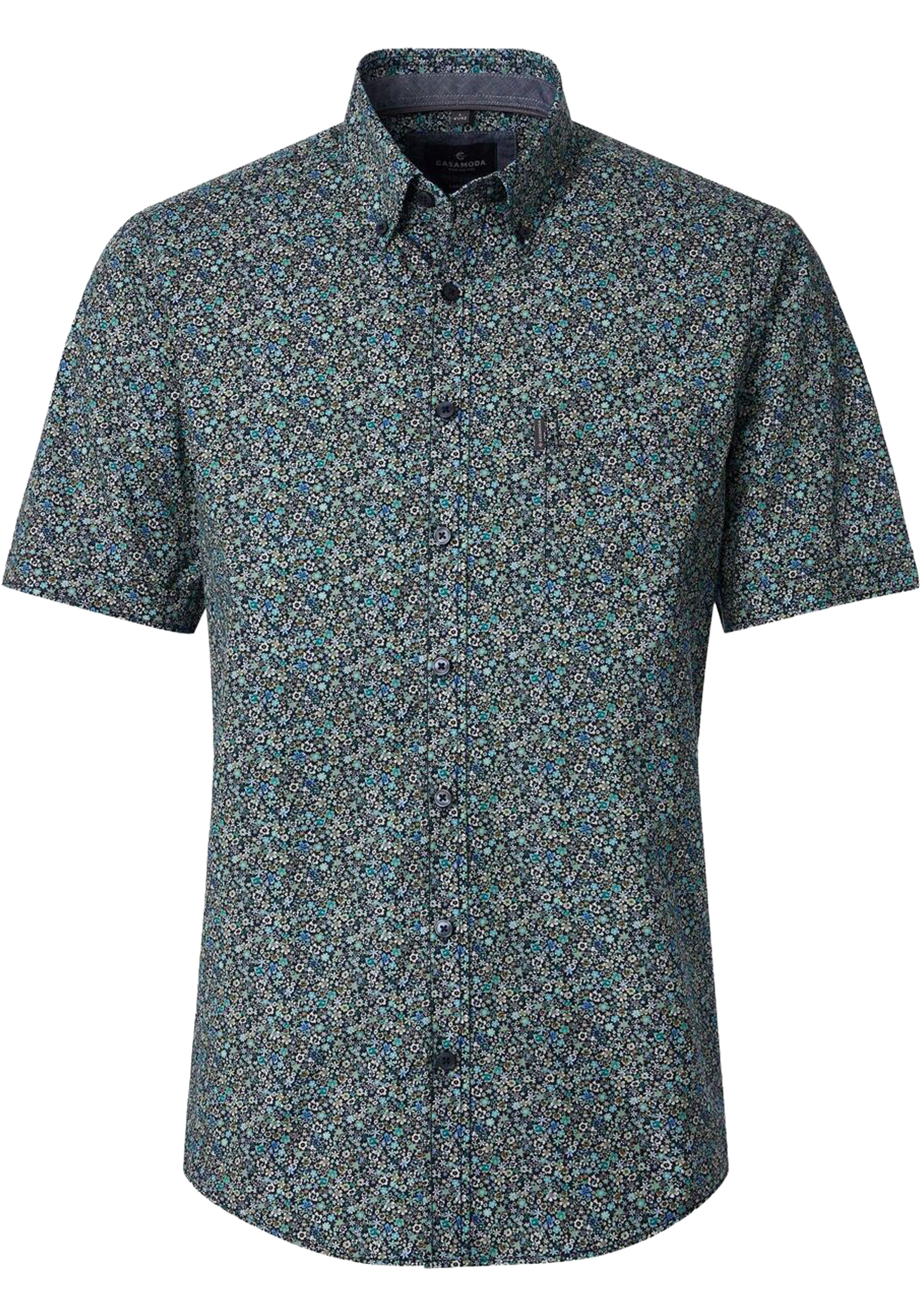 CASA MODA Sport casual fit overhemd, korte mouw, popeline, blauw met groen en grijs fijn bloemetjes dessin