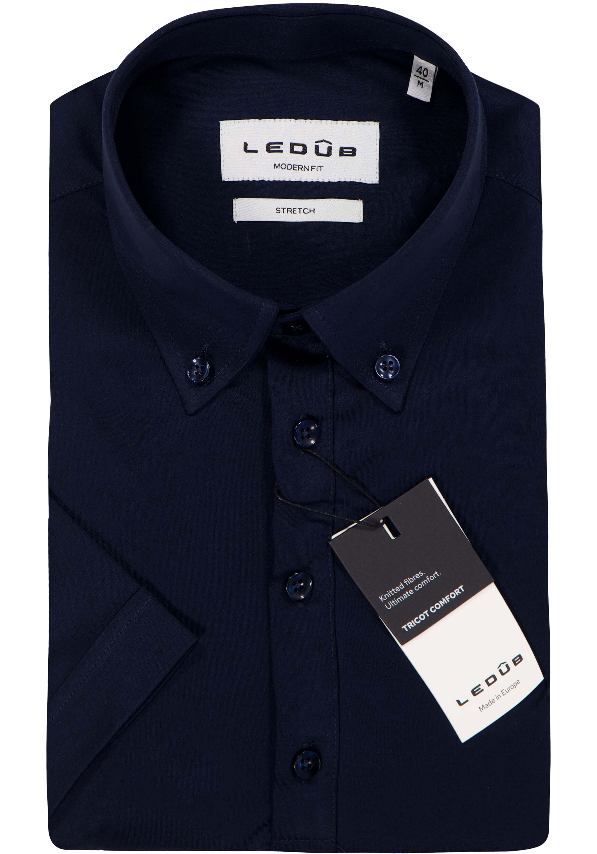 Ledub modern fit overhemd, korte mouw, jersey, donkerblauw