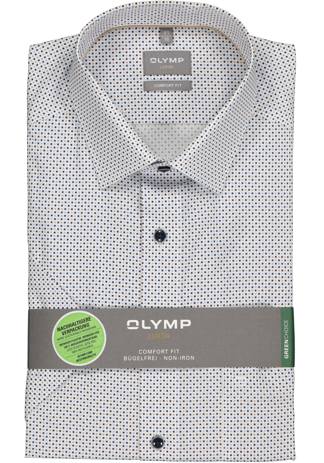 2-4066425332146_olymp-overhemd_HR OLYMP comfort fit overhemd, korte mouw, popeline, wit met blauw en beige blokjes dessin
