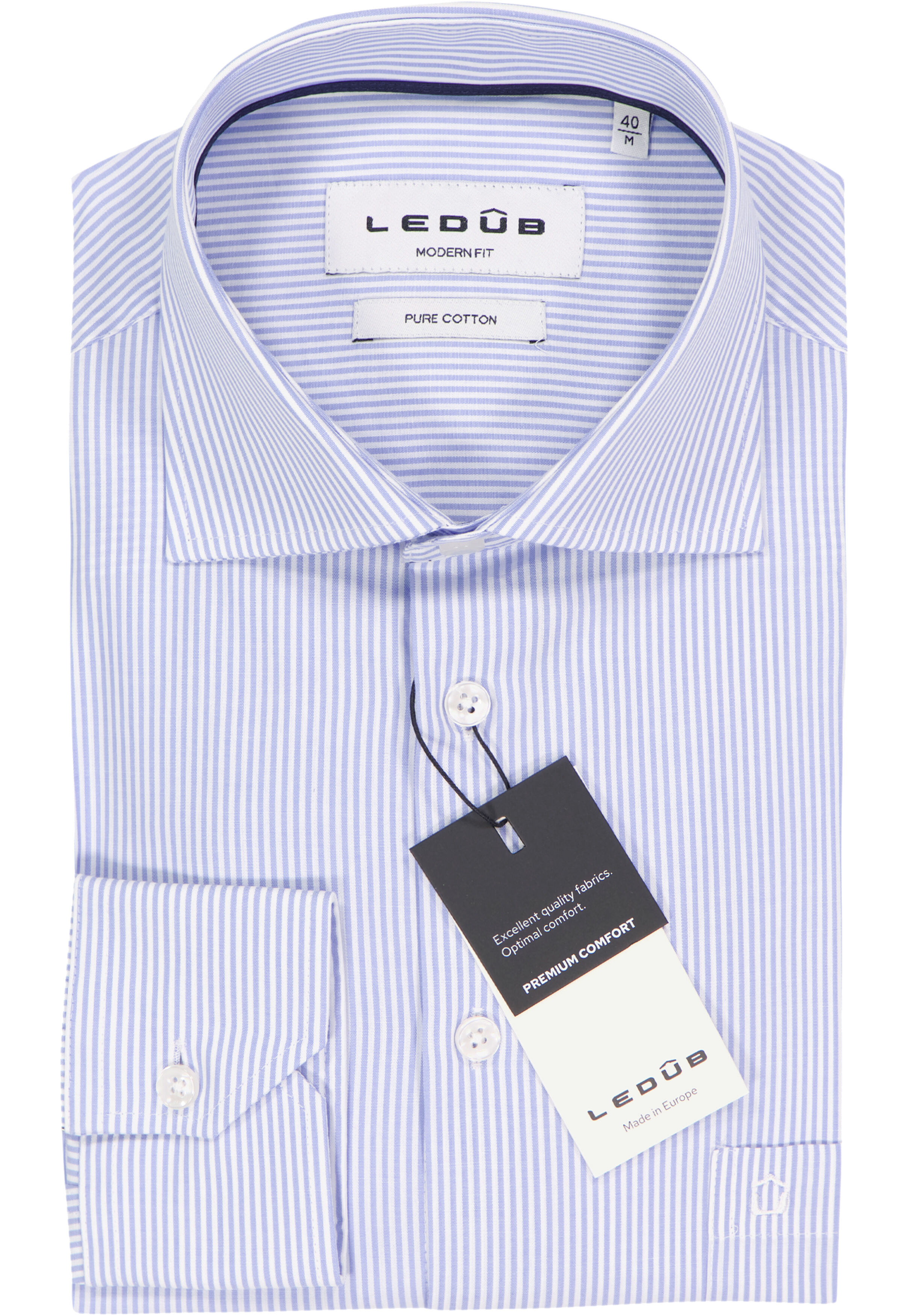 Ledub modern fit overhemd, popeline, lichtblauw gestreept