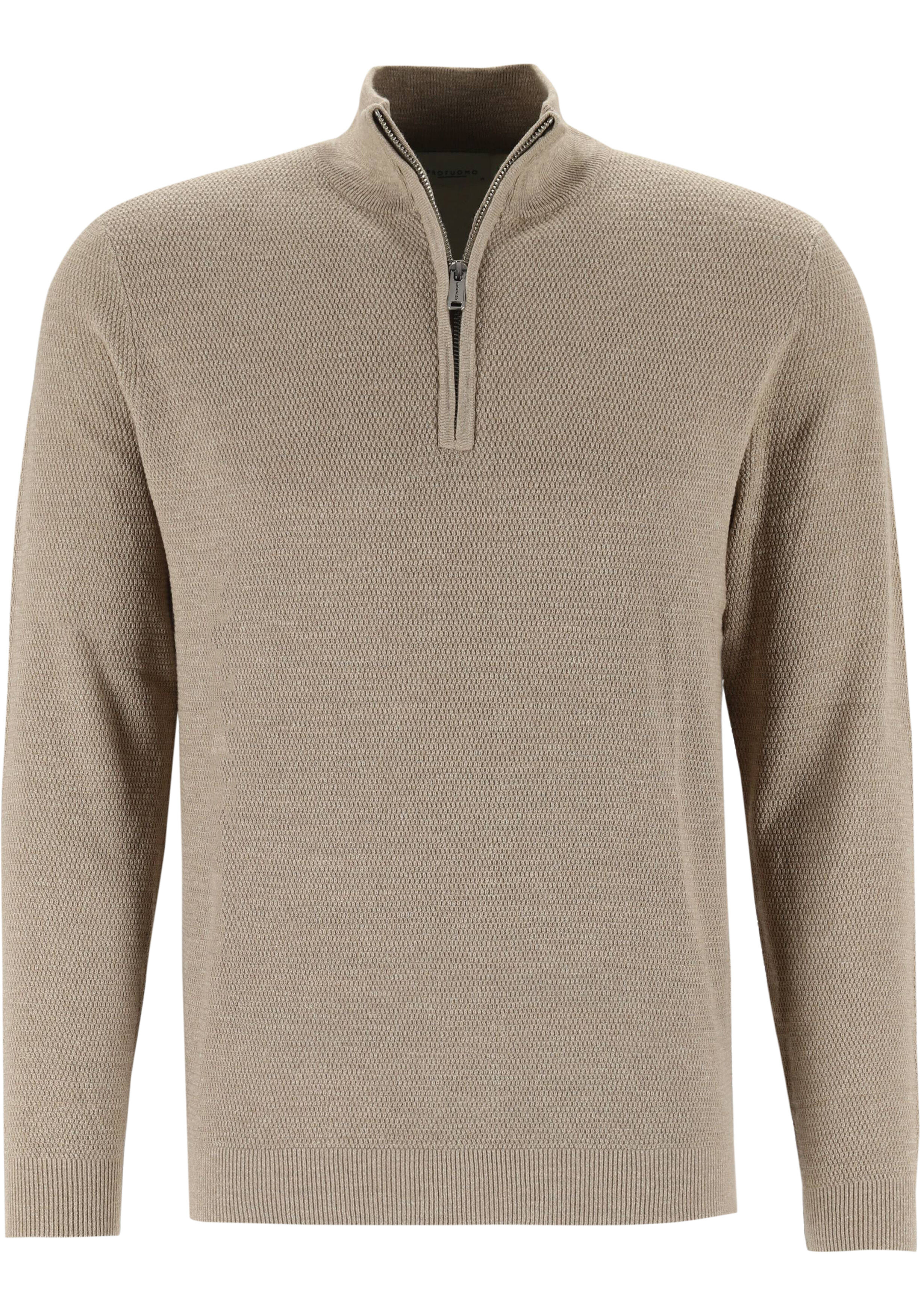 Profuomo heren trui katoen, slim fit trui met korte rits, beige