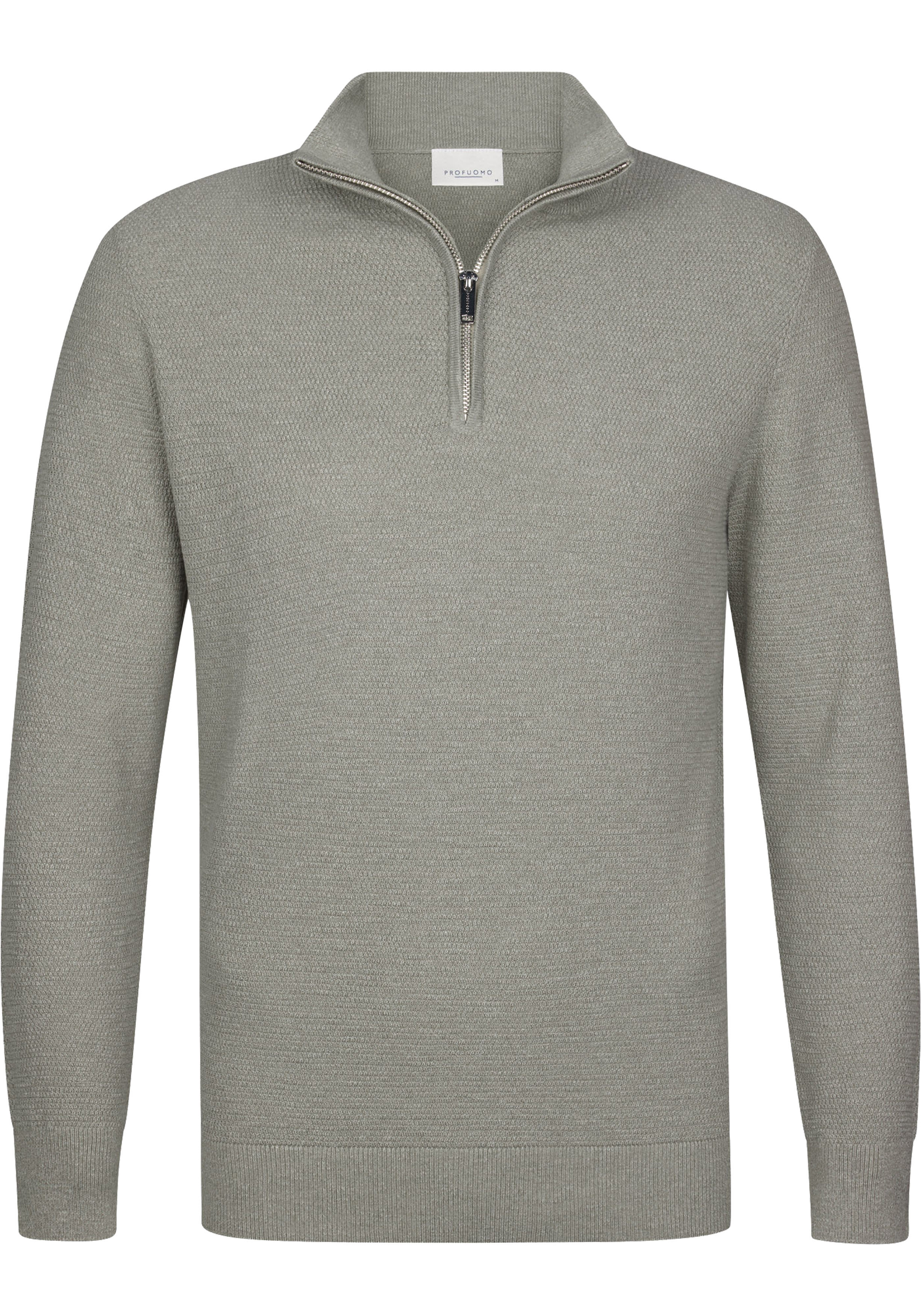 Profuomo heren trui katoen, slim fit trui met korte rits, grijs