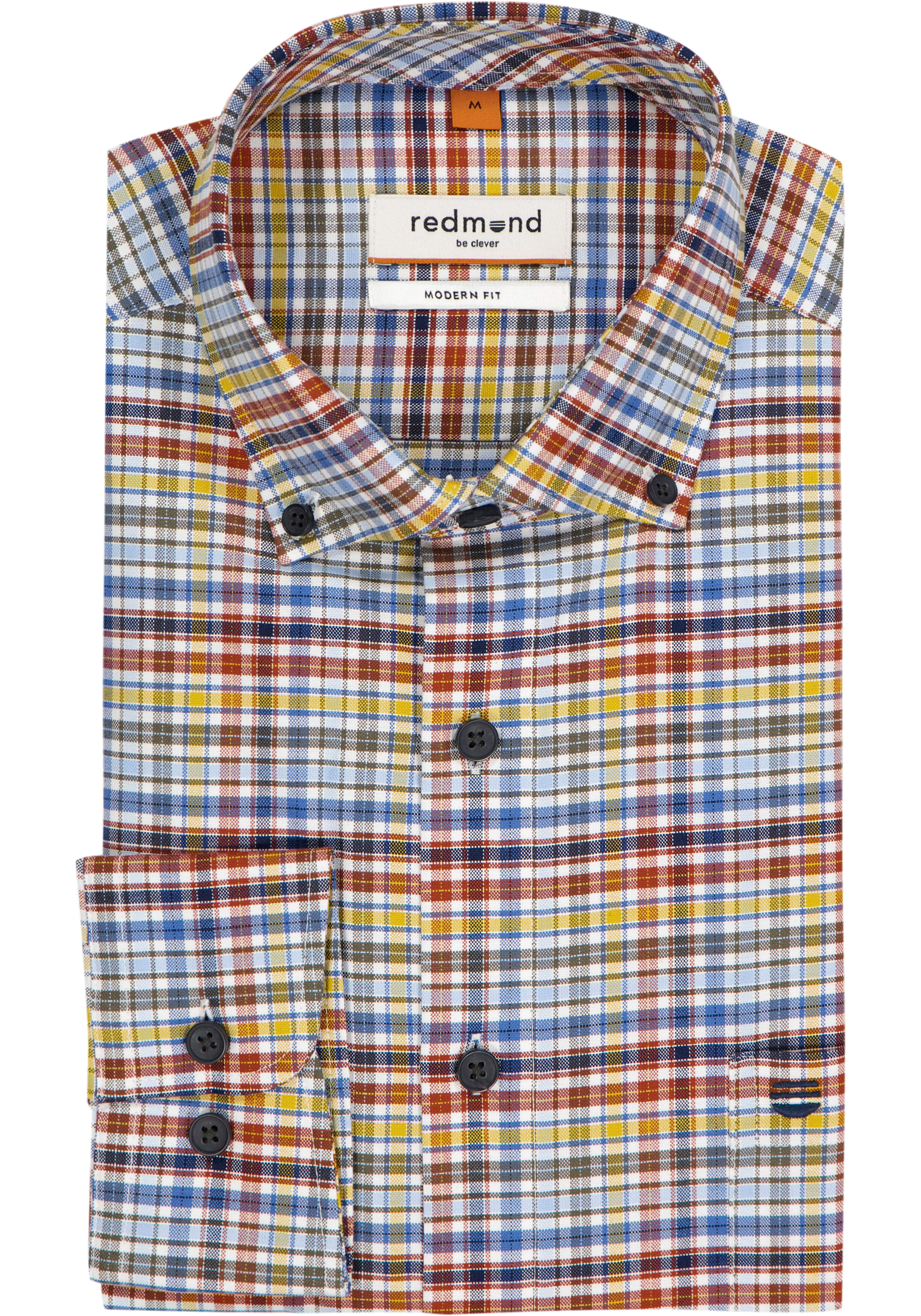 Redmond modern fit overhemd, Oxford, blauw met wit, groen, geel en bruin geruit