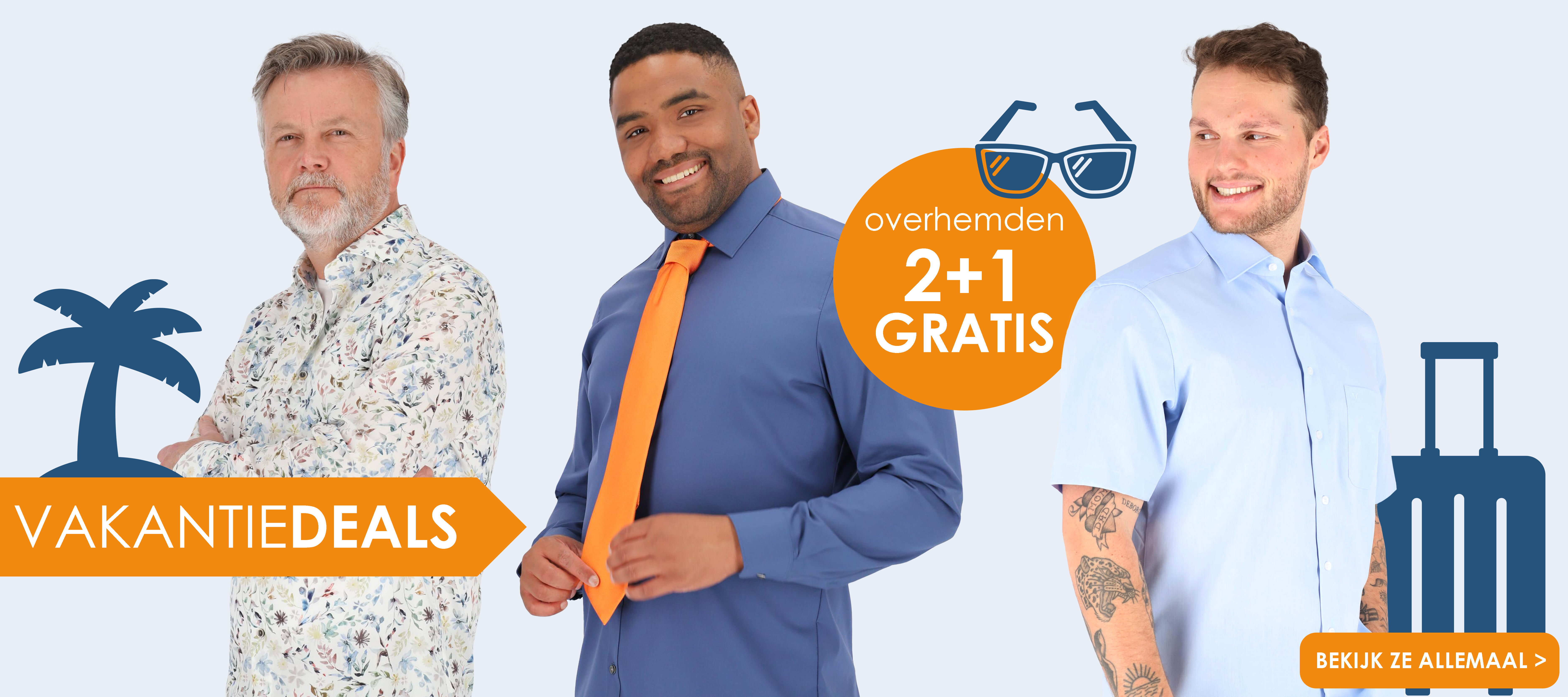 Vakantiedeals bij HemdVoorHem.nl, overhemden 2+1 gratis, bekijk ze allemaal!