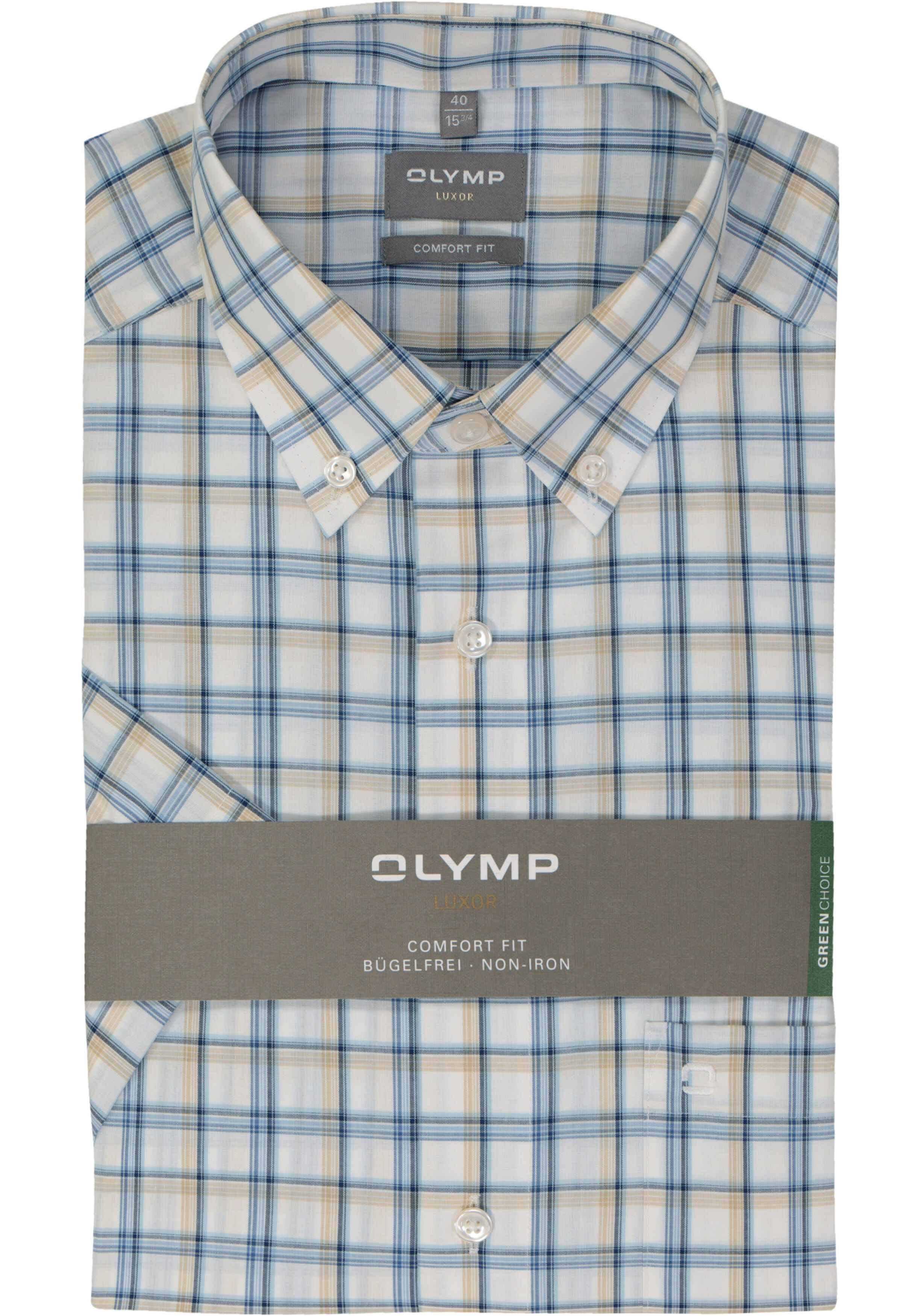 OLYMP comfort fit overhemd, korte mouw, popeline, wit met blauw en beige geruit