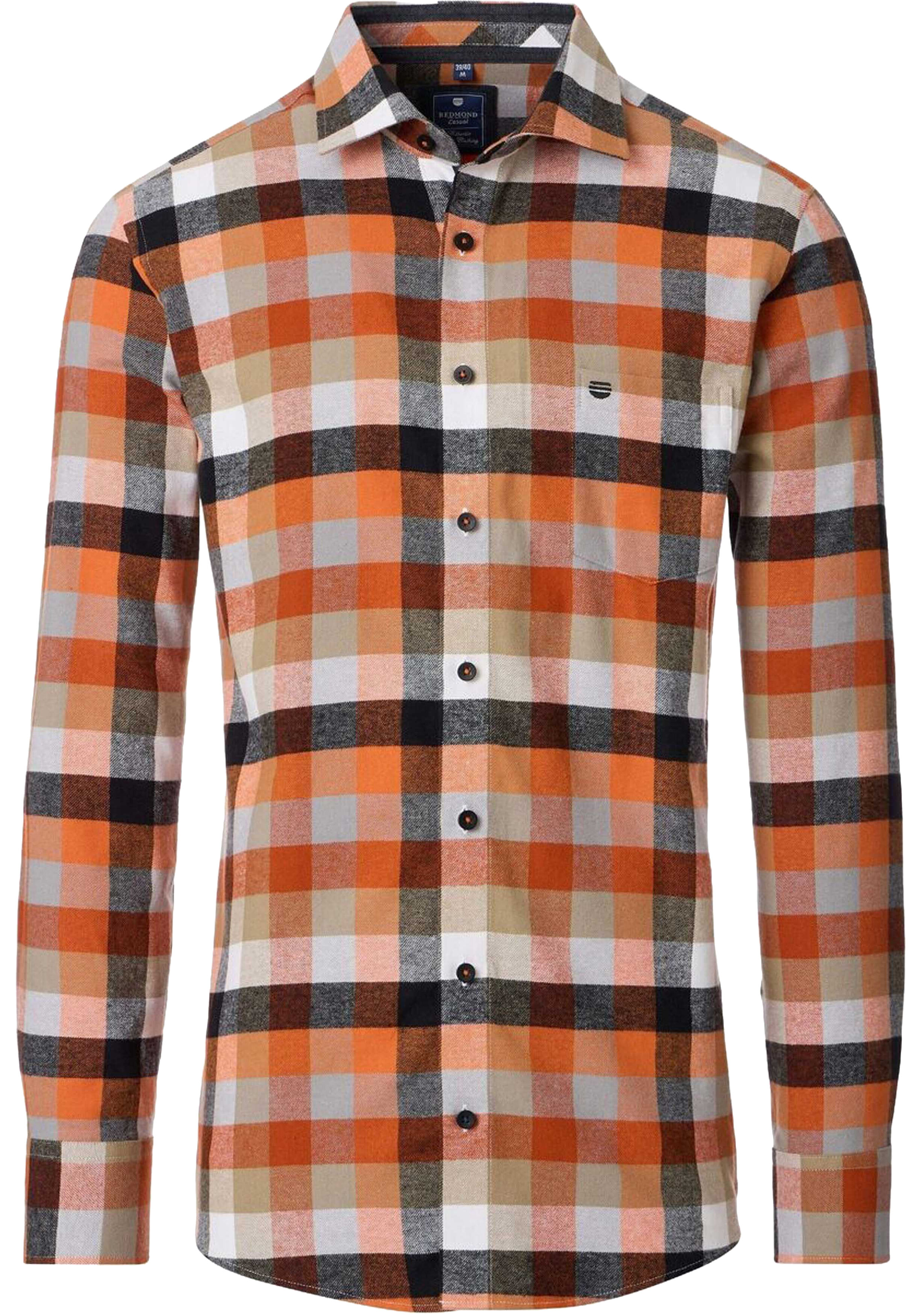 Redmond comfort fit overhemd, flanel, oranje, zwart, wit en beige geruit