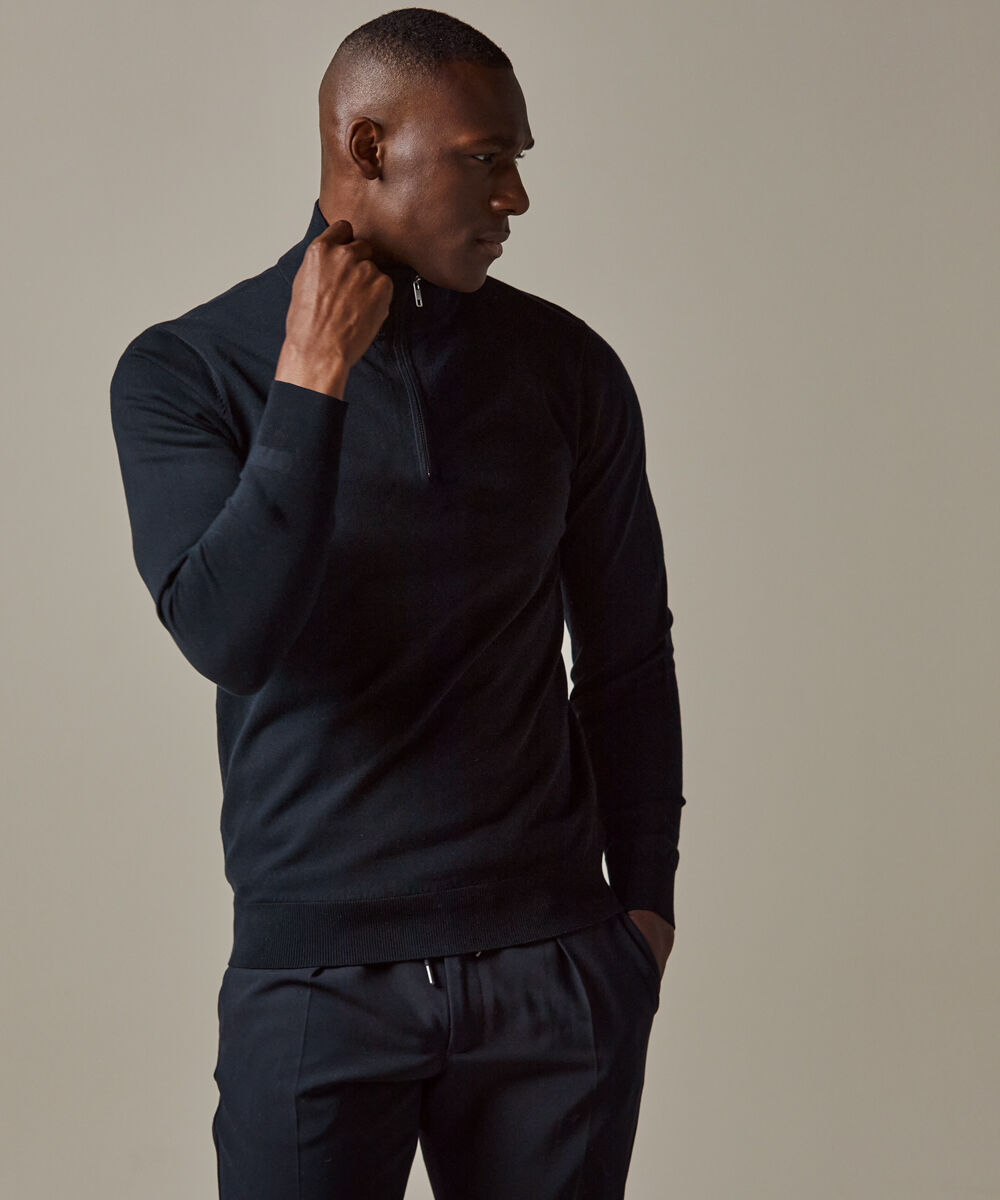 Profuomo heren trui lyocellmengsel, slim fit trui met korte rits, donkerblauw