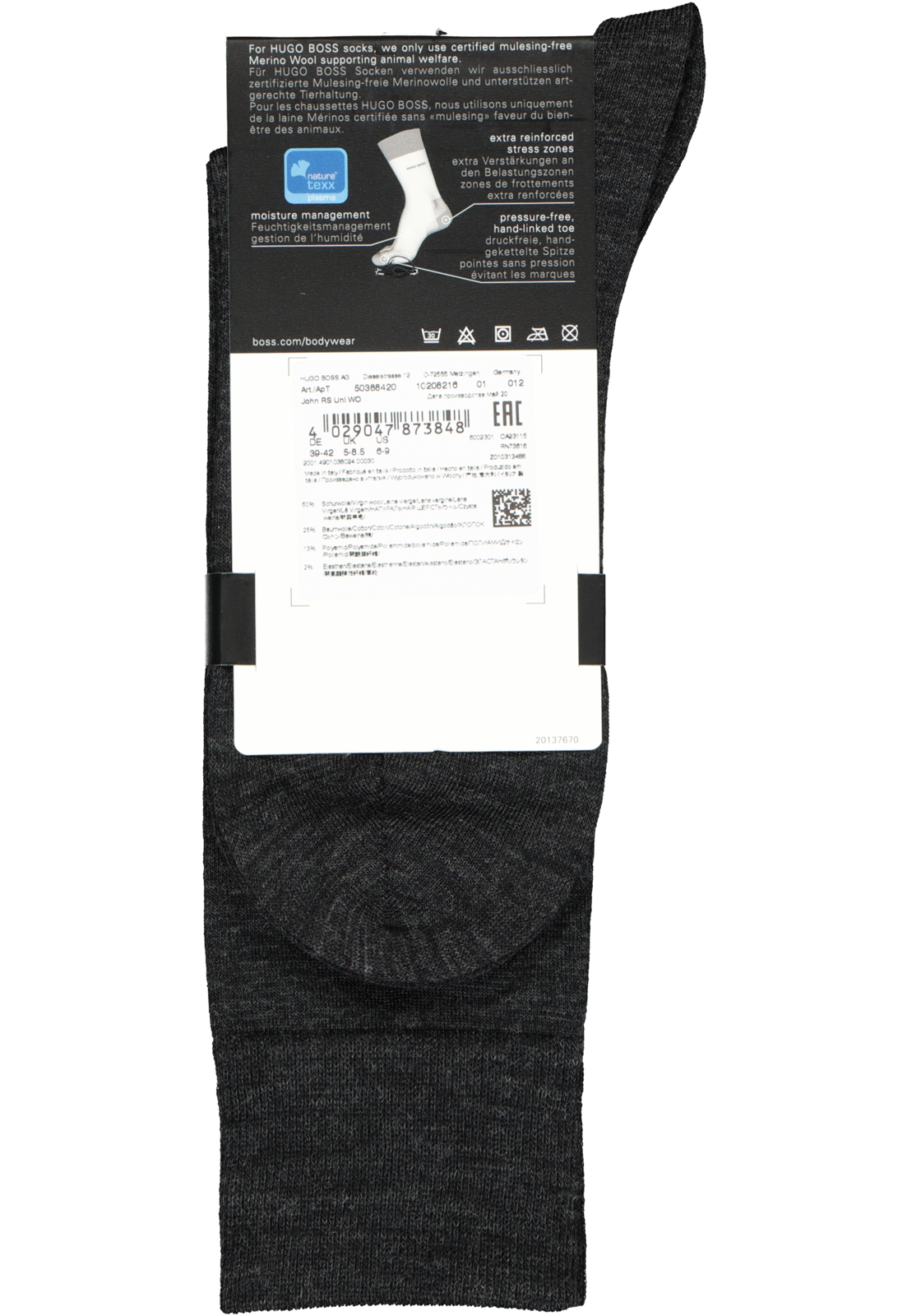 4-4029047873848_Boss_sokken_HR HUGO BOSS John uni (1-pack), herensokken wol met katoen, antraciet