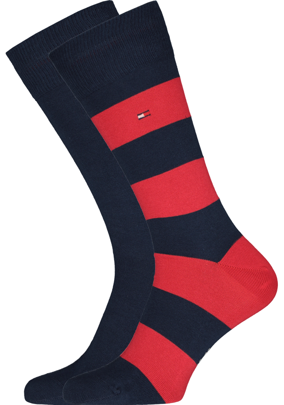 Tommy Hilfiger Rugby Stripe Socks (2-pack), herensokken katoen gestreept en uni, blauw met rood Tommy Hilfiger Rugby Stripe Socks (2-pack), herensokken katoen gestreept en uni, blauw met rood