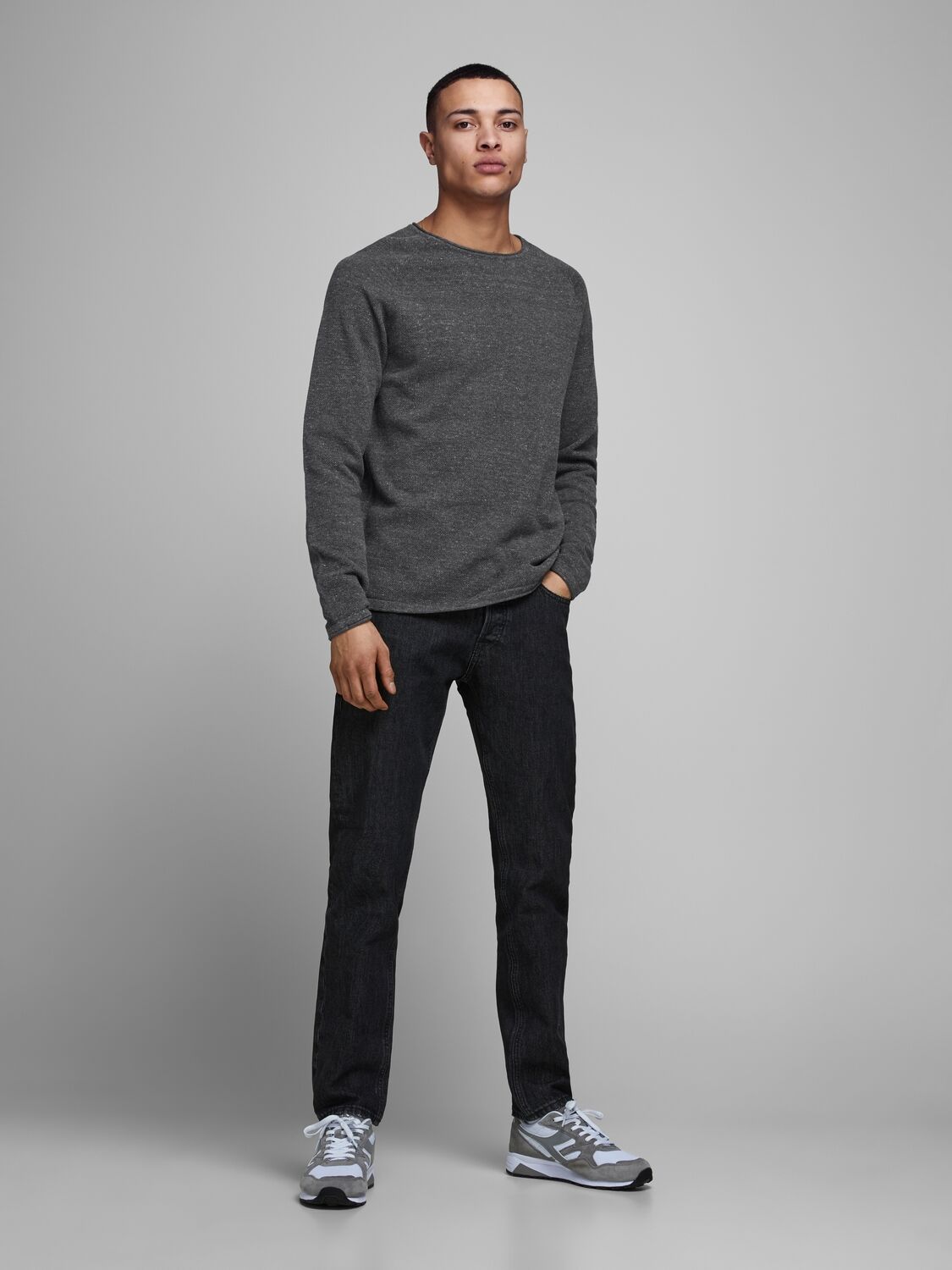 JACK & JONES Hill knit crew neck slim fit, heren pullover katoen met O-hals, donkergrijs melange
