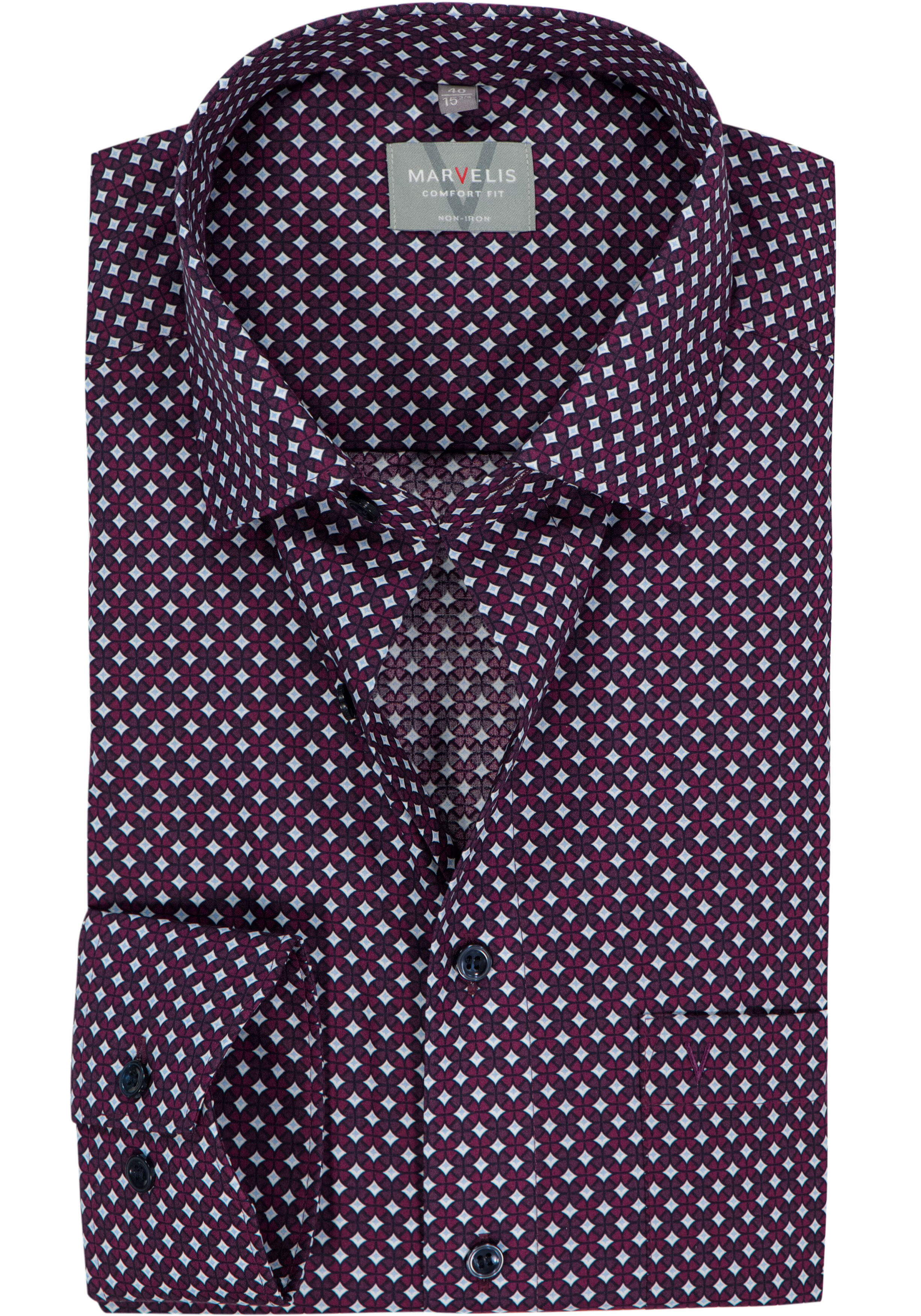 MARVELIS comfort fit overhemd, popeline, bordeaux rood met wit en lichtblauw dessin