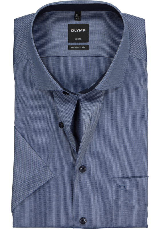 OLYMP Luxor modern fit overhemd, korte mouw, structuur, blauw met wit mini dessin OLYMP Luxor modern fit overhemd, korte mouw, structuur, blauw met wit mini dessin