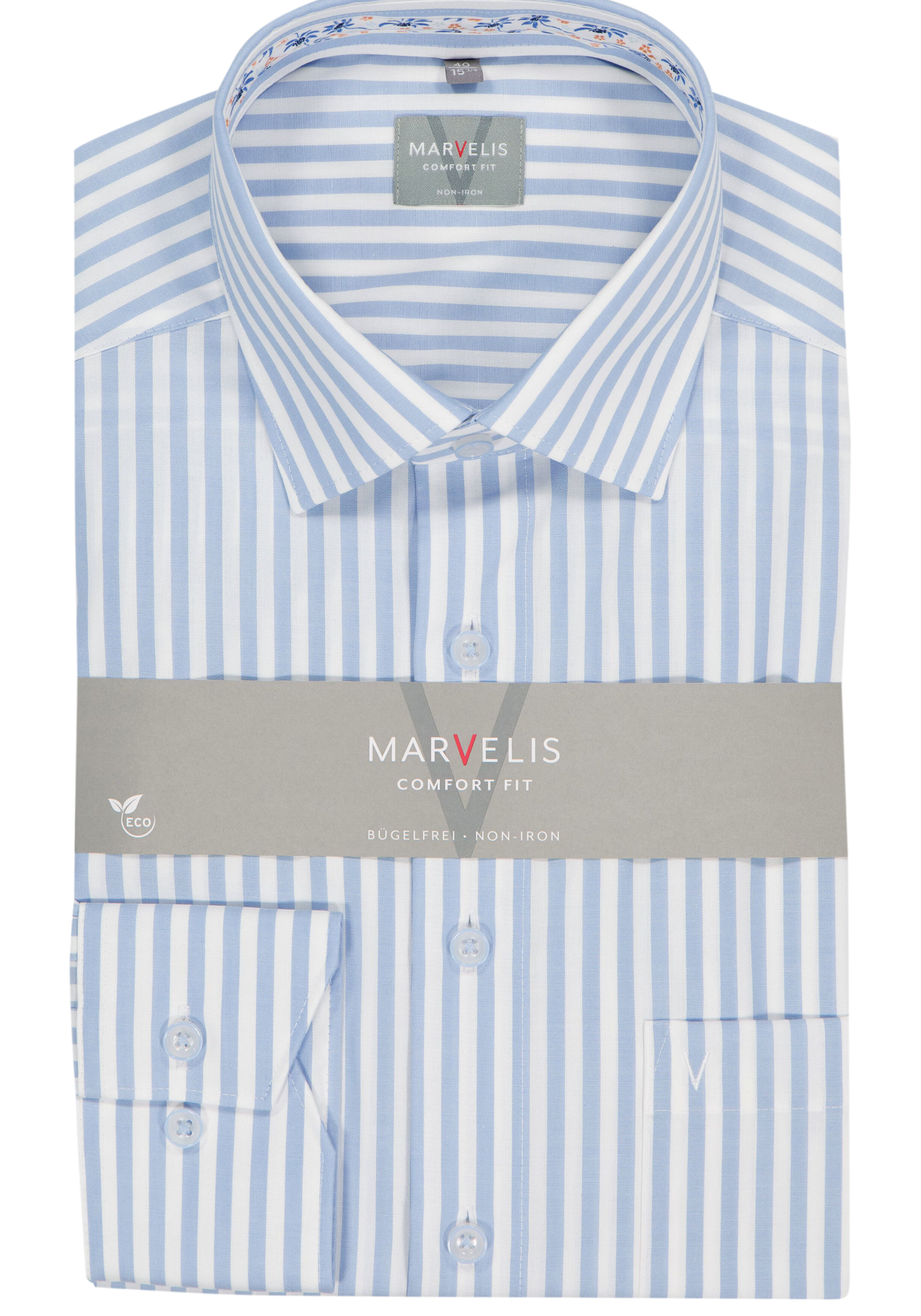MARVELIS comfort fit overhemd, popeline, wit met lichtblauw gestreept