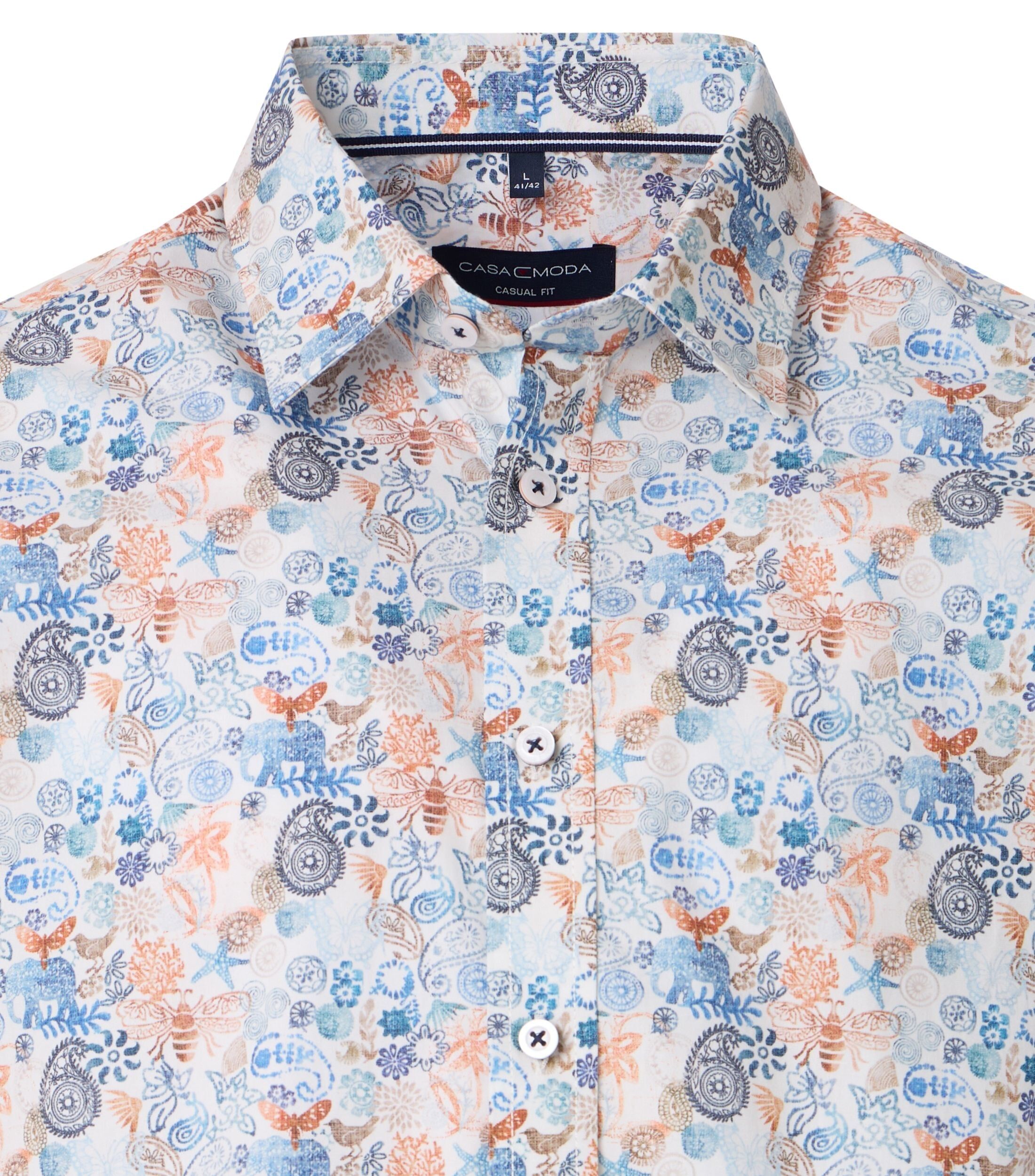 CASA MODA Sport casual fit overhemd, korte mouw, popeline, wit met blauw en oranje dessin