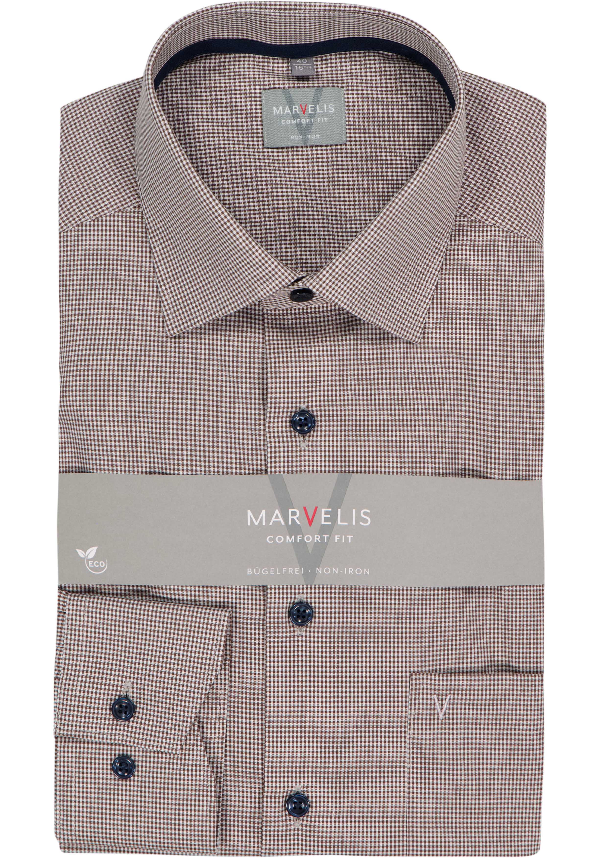 MARVELIS comfort fit overhemd, popeline, donkerbruin met wit geruit