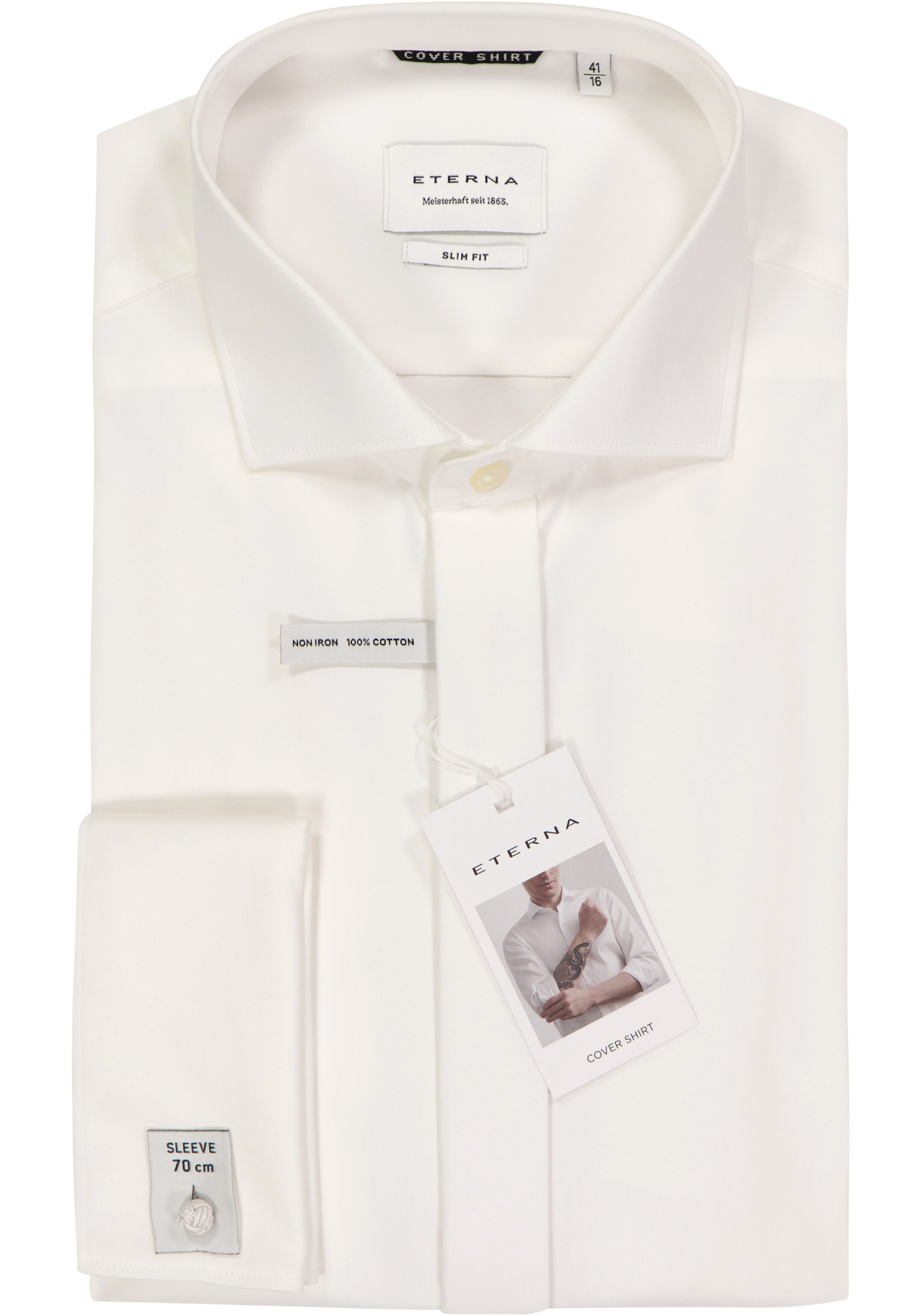 ETERNA slim fit smoking overhemd, mouwlengte 7, twill met dubbele manchet, ecru