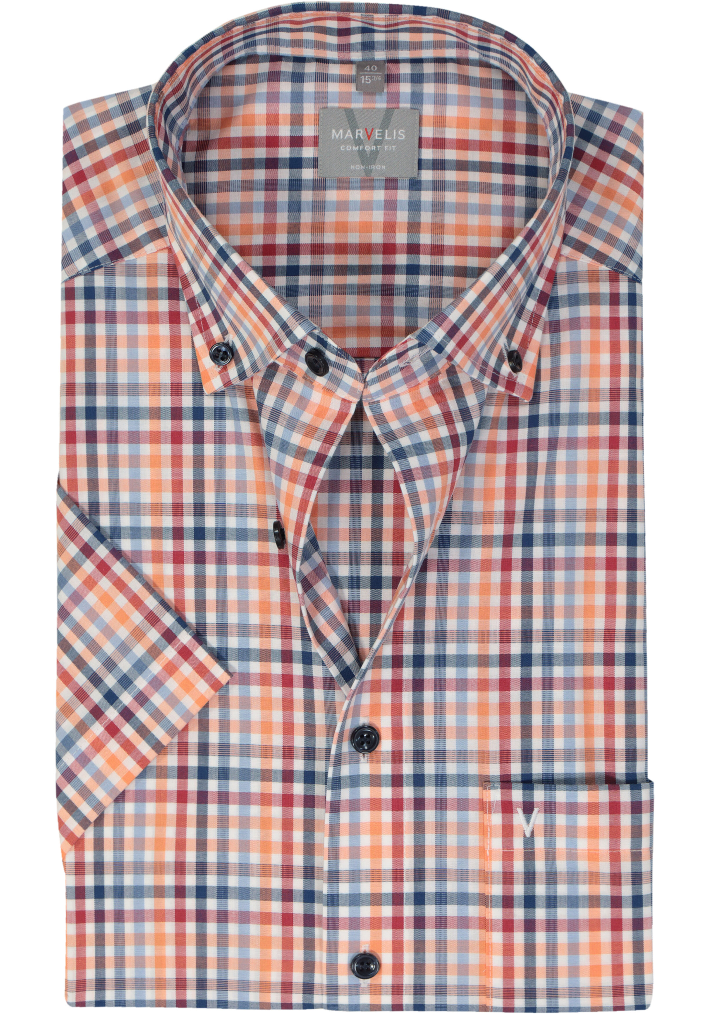MARVELIS comfort fit overhemd, korte mouw, popeline, rood geruit
